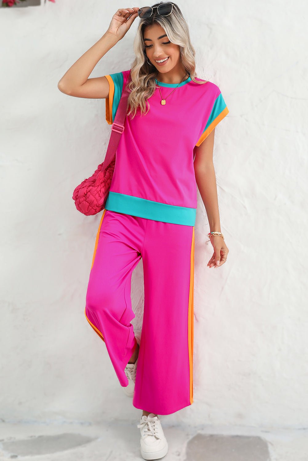 Strawberry Pink Colorblock Cap Sleeve Tee and Wide Leg Pants Set - MAD RUFFI