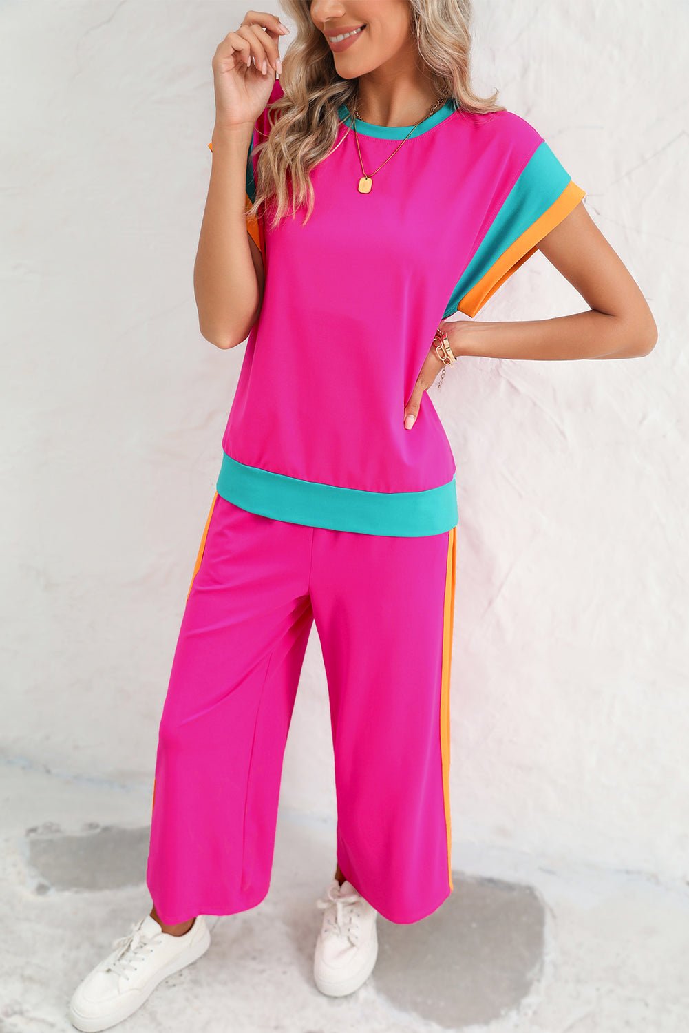 Strawberry Pink Colorblock Cap Sleeve Tee and Wide Leg Pants Set - MAD RUFFI