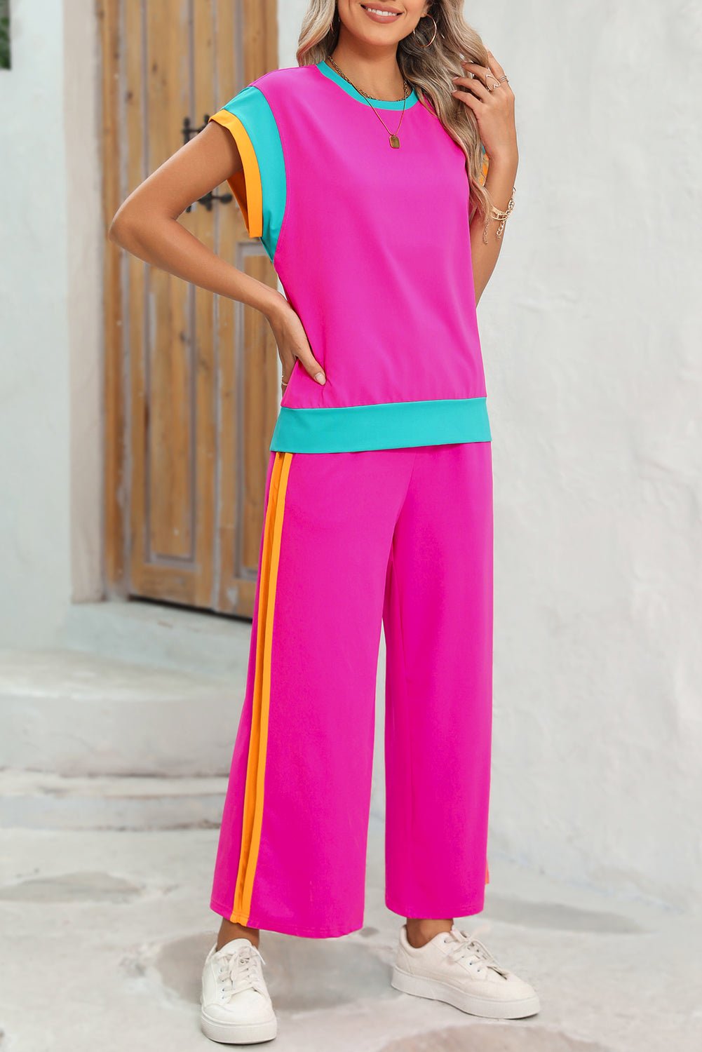 Strawberry Pink Colorblock Cap Sleeve Tee and Wide Leg Pants Set - MAD RUFFI