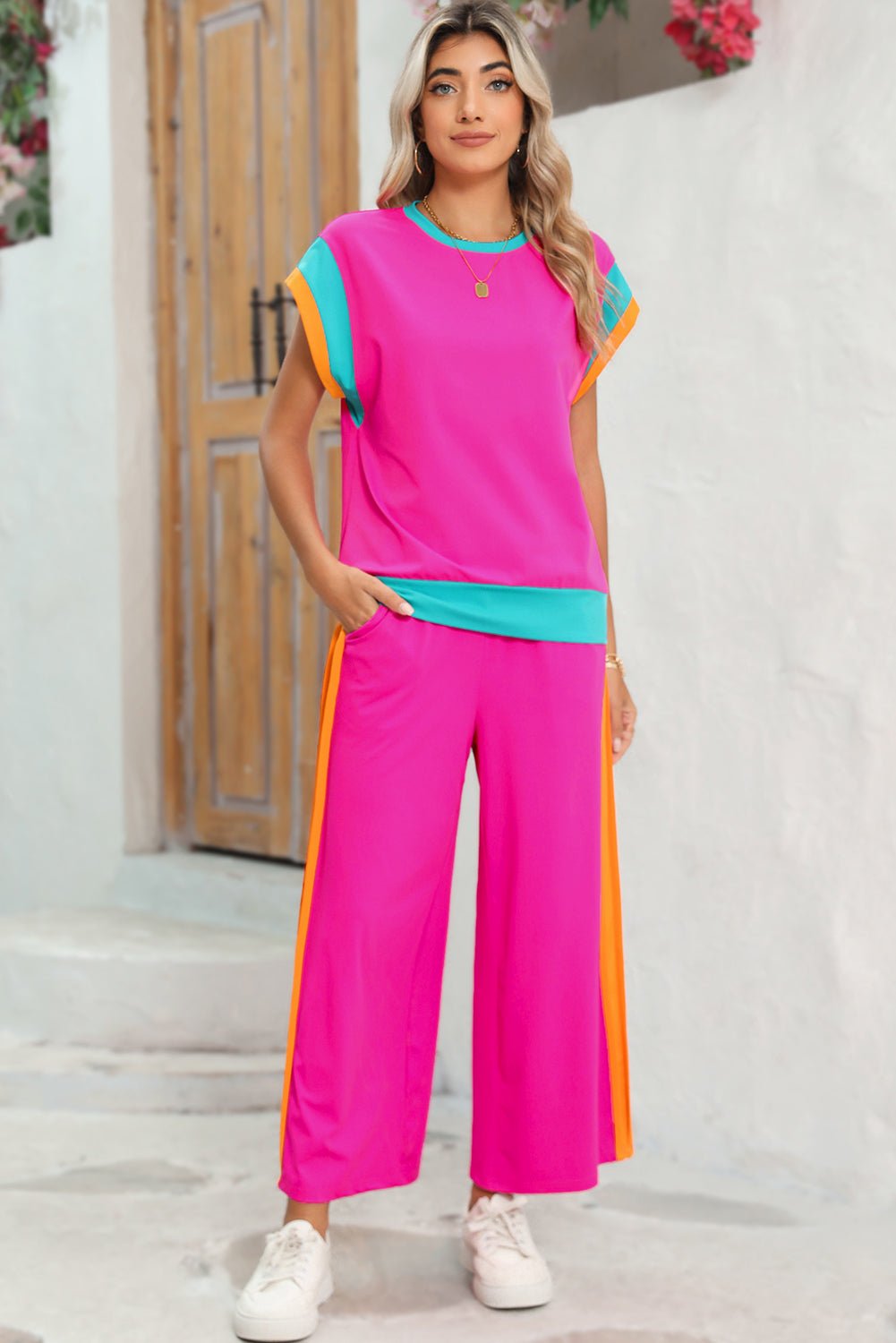 Strawberry Pink Colorblock Cap Sleeve Tee and Wide Leg Pants Set - MAD RUFFI