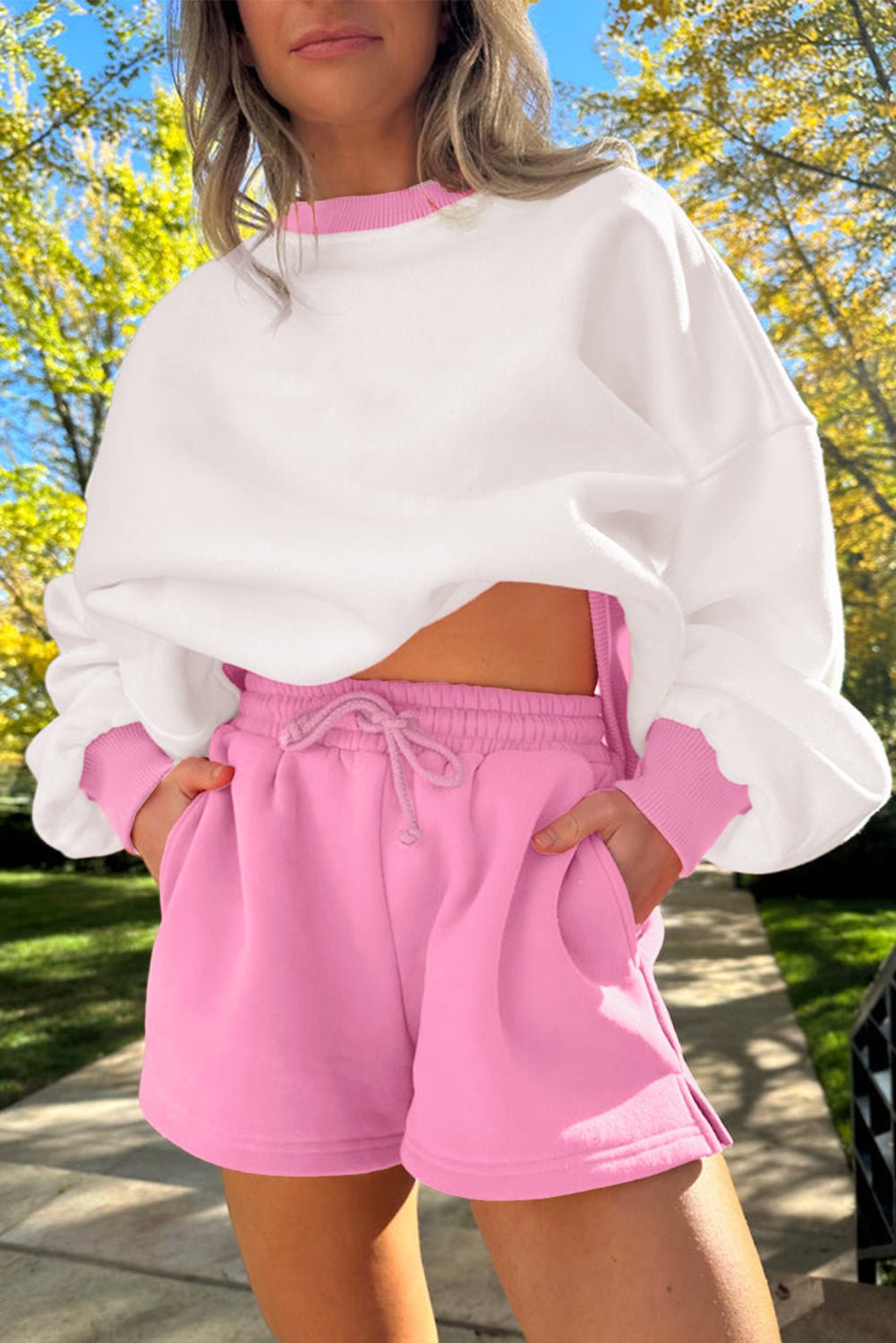 Strawberry Pink Colorblock Pullover and Drawstring Shorts Set - MAD RUFFI