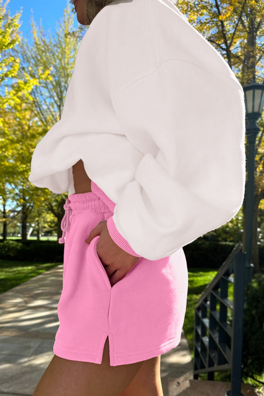 Strawberry Pink Colorblock Pullover and Drawstring Shorts Set - MAD RUFFI