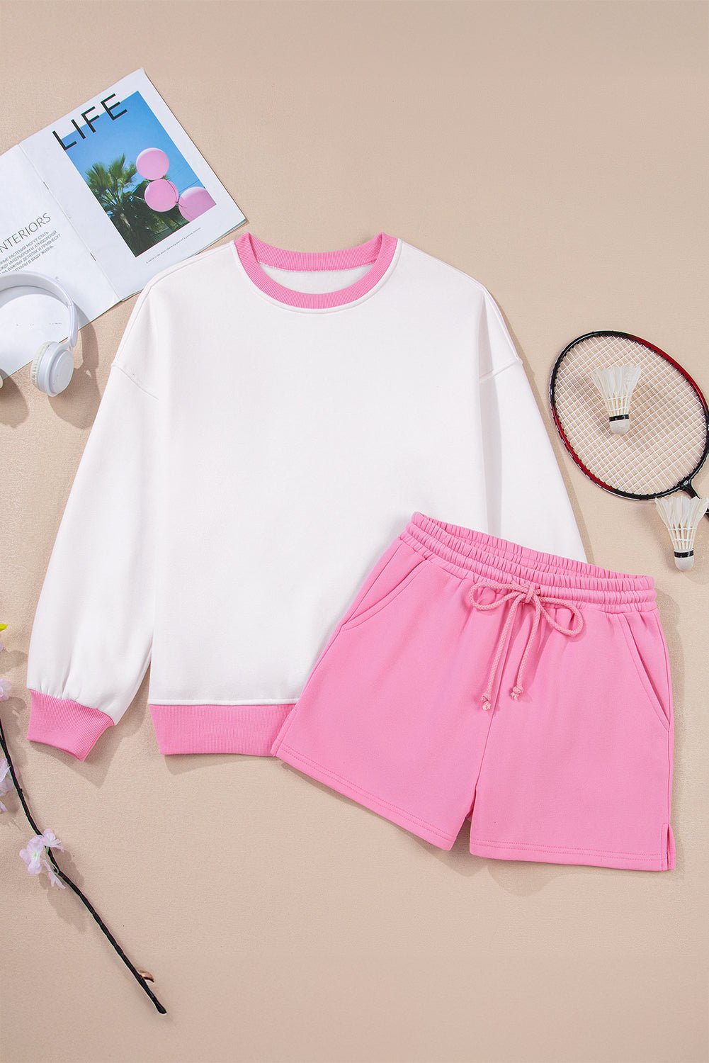 Strawberry Pink Colorblock Pullover and Drawstring Shorts Set - MAD RUFFI