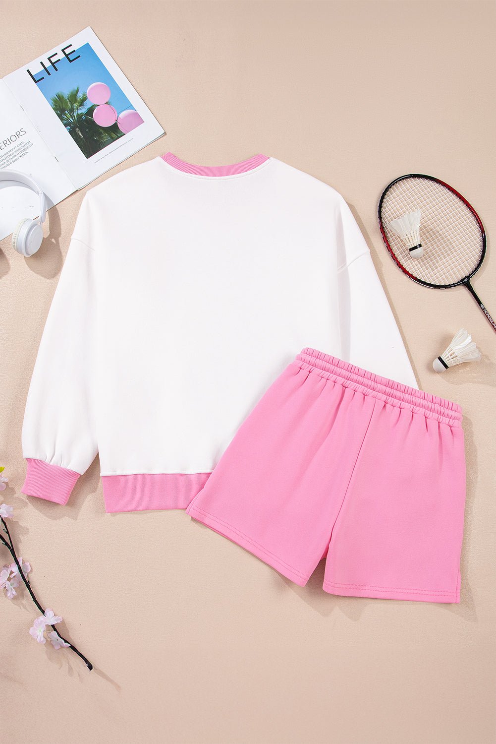 Strawberry Pink Colorblock Pullover and Drawstring Shorts Set - MAD RUFFI