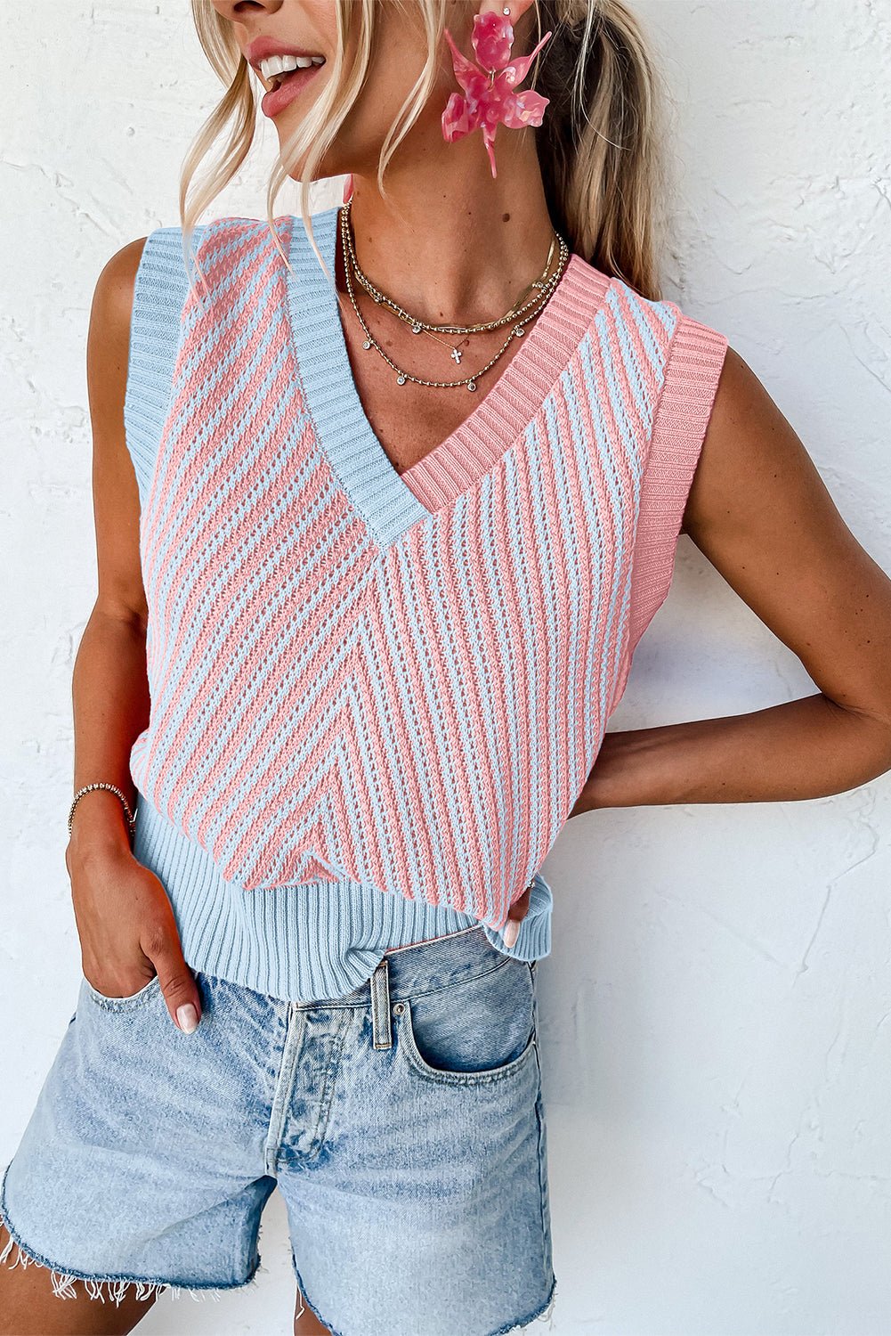 Strawberry Pink Contrast Chevron V Neck Knitted Vest - MAD RUFFI