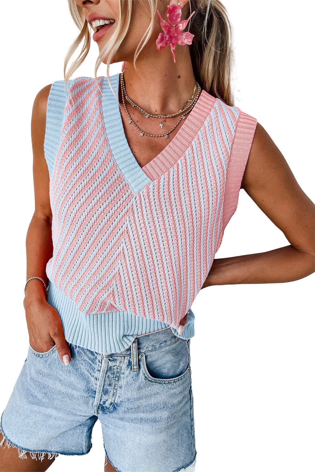 Strawberry Pink Contrast Chevron V Neck Knitted Vest - MAD RUFFI