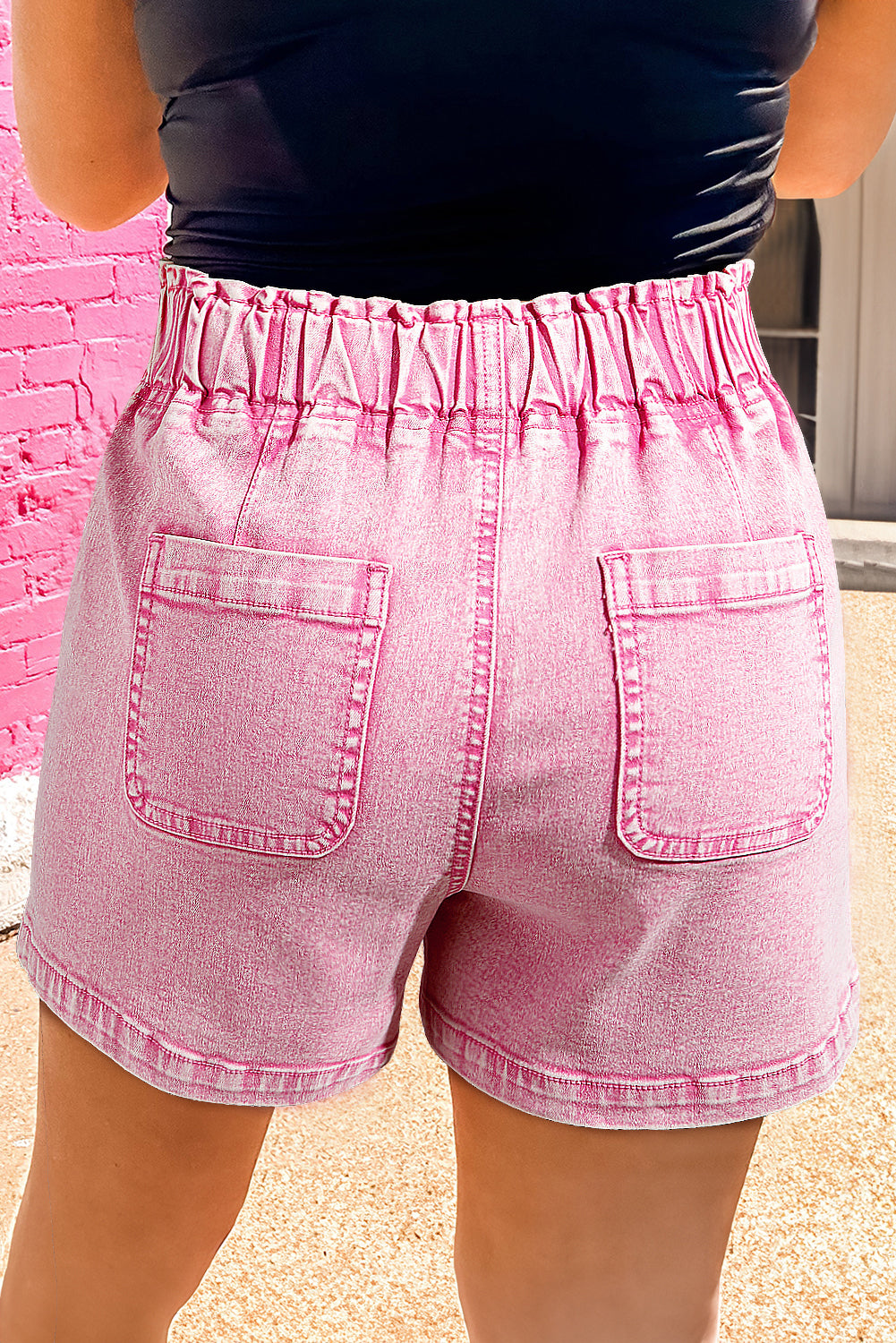 Strawberry Pink Elastic High Waisted Denim Shorts - MAD RUFFI