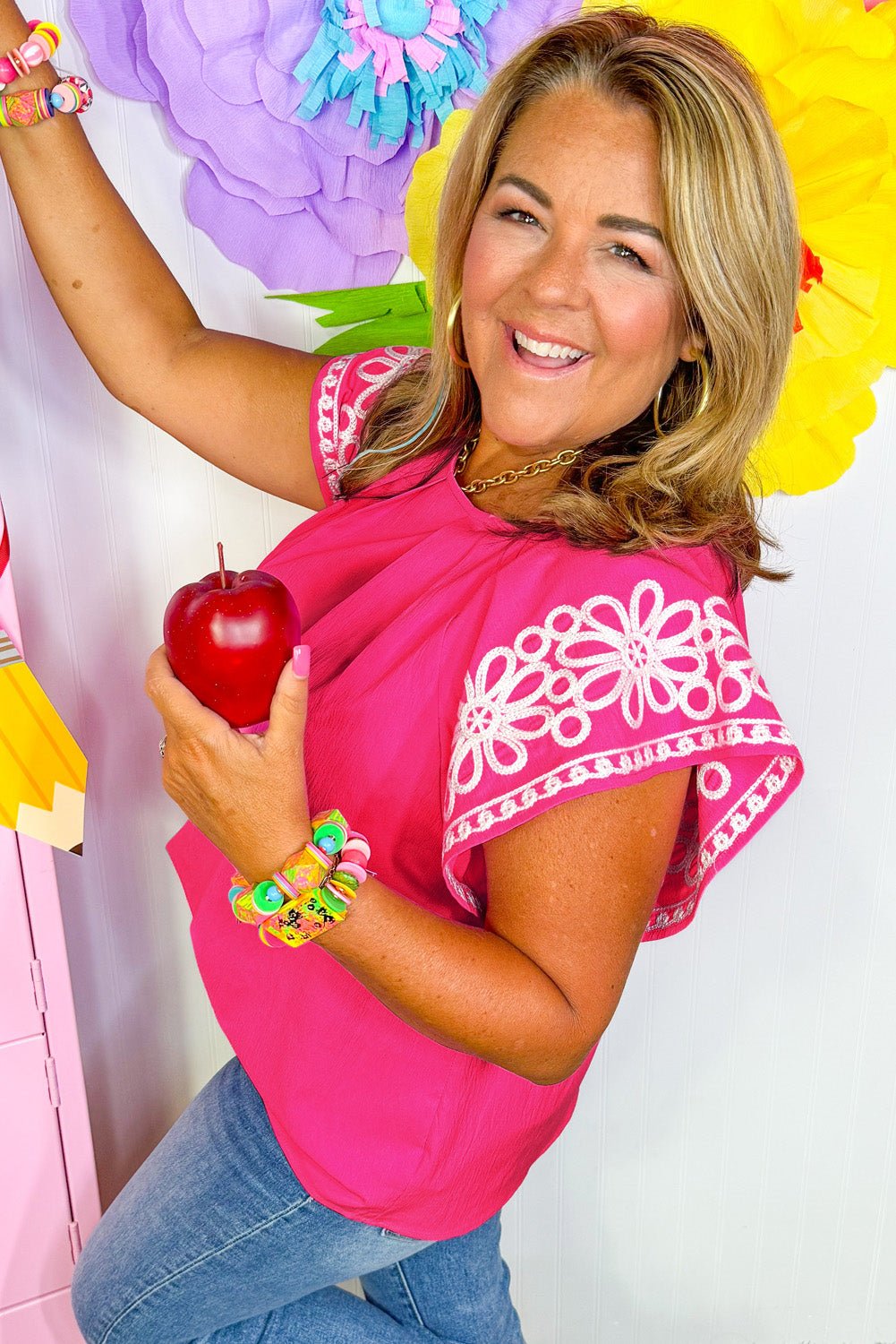 Strawberry Pink Floral Embroidered Flutter Sleeve Pleated Plus Size Blouse - MAD RUFFI