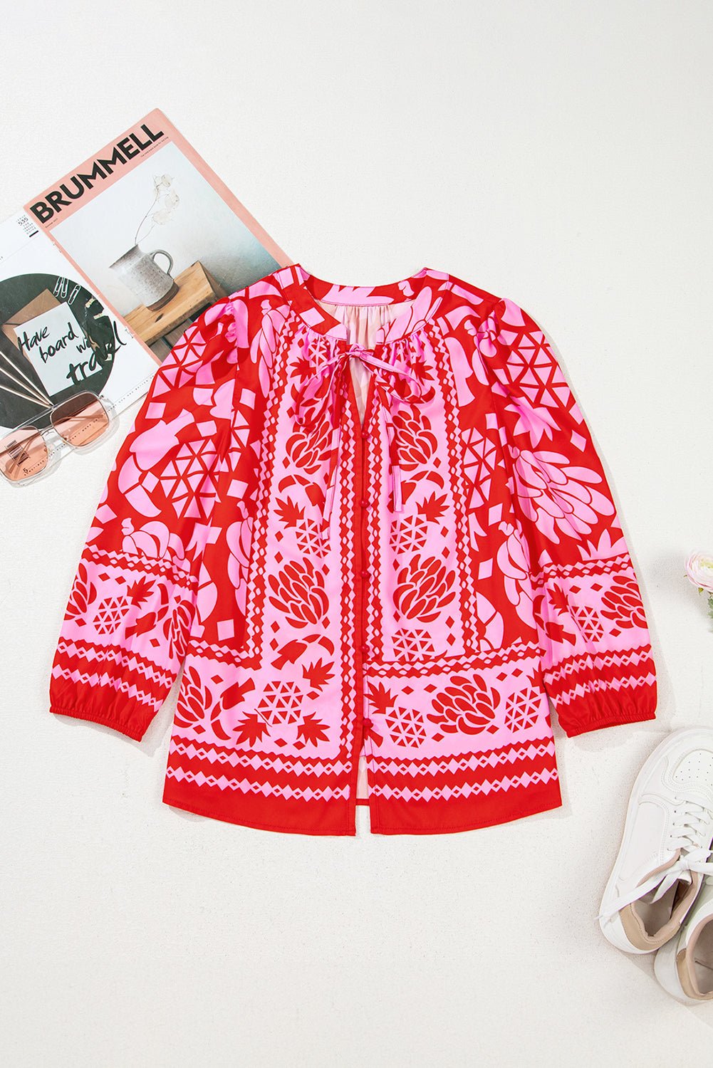 Strawberry Pink Floral Print Tie V Neck Blouse - MAD RUFFI