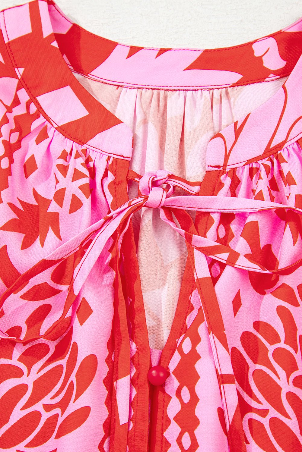 Strawberry Pink Floral Print Tie V Neck Blouse - MAD RUFFI