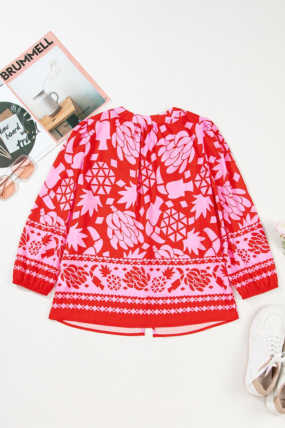 Strawberry Pink Floral Print Tie V Neck Blouse - MAD RUFFI