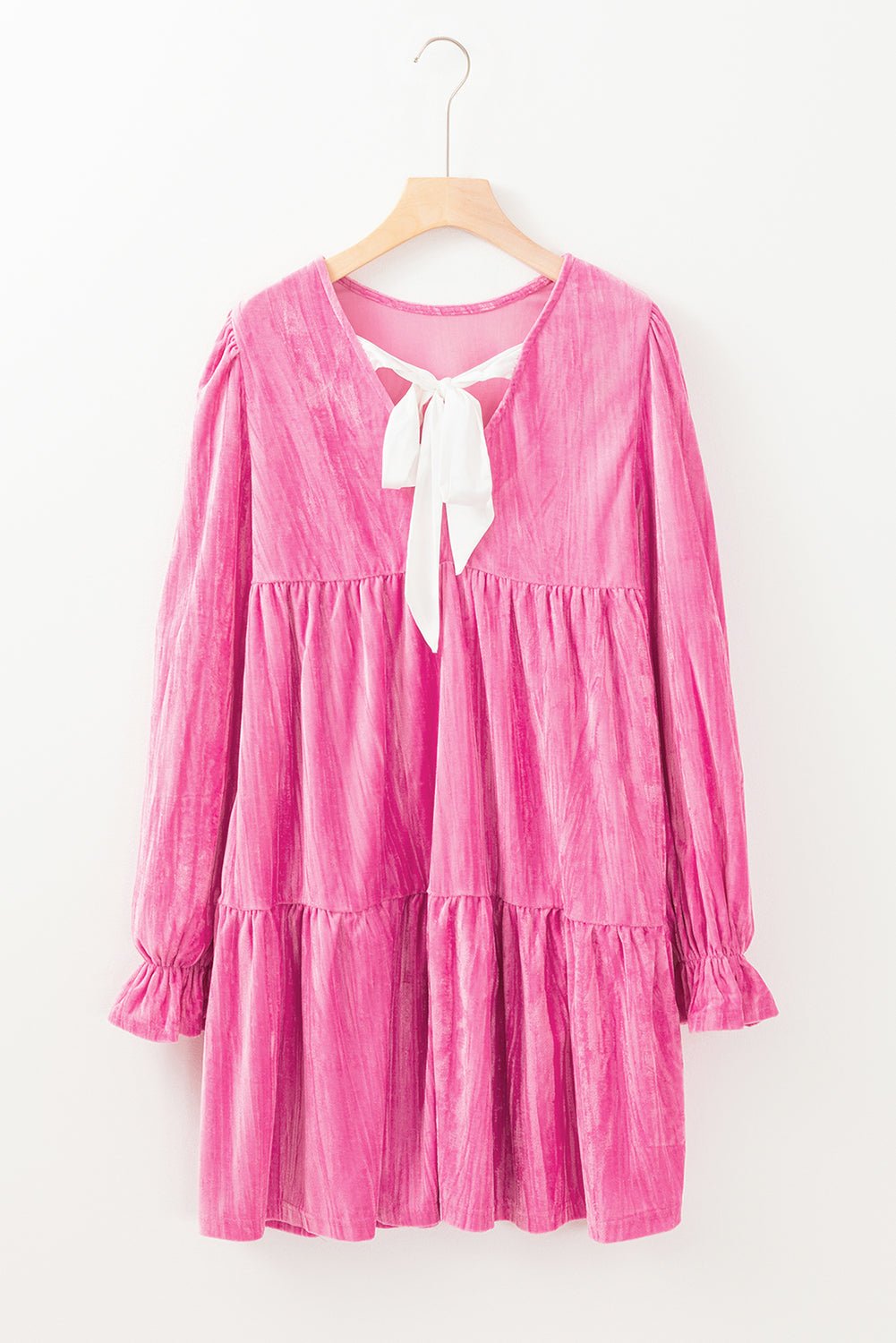 Strawberry Pink Flounce Sleeve Tiered Ruffled Velvet Mini Dress - MAD RUFFI