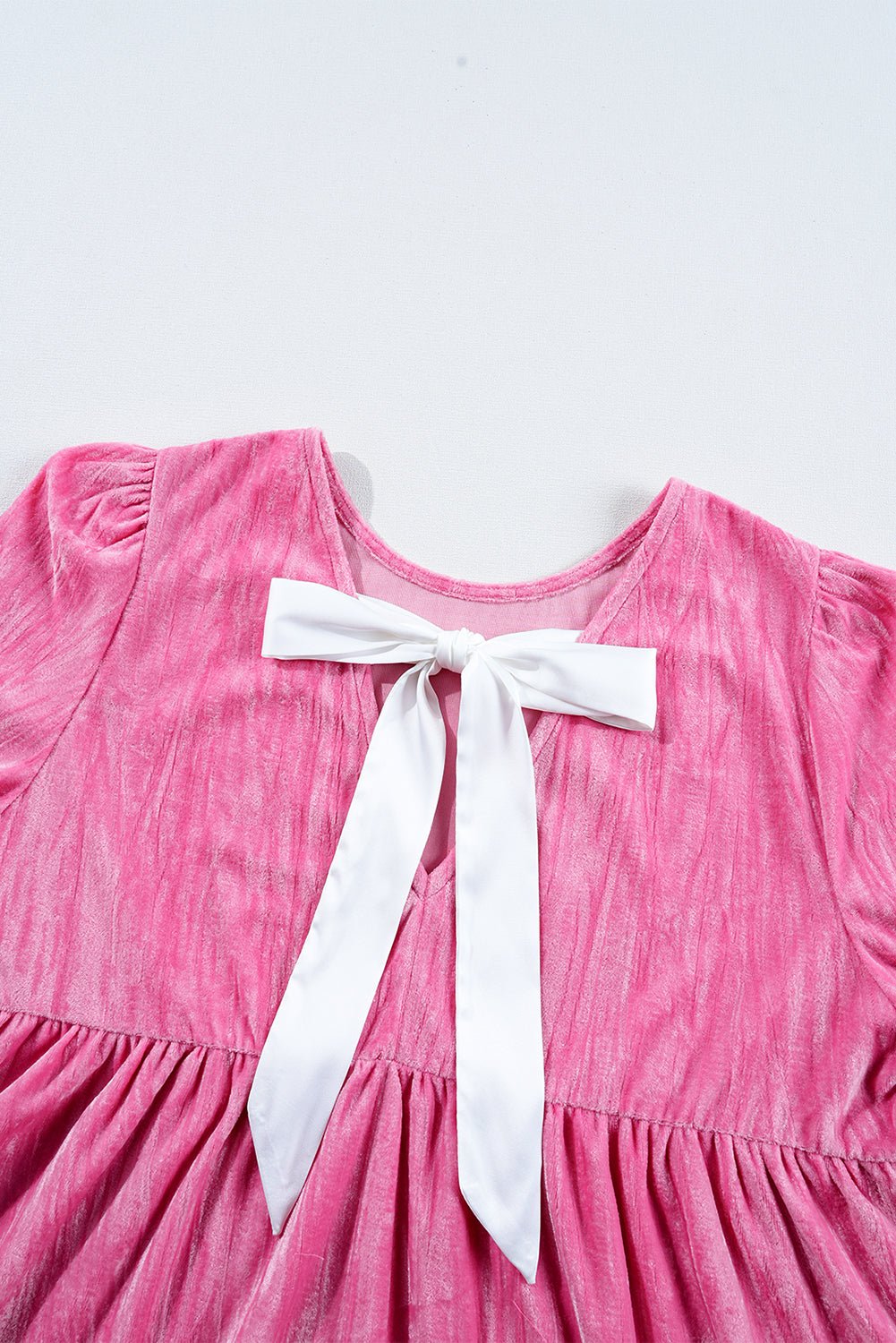 Strawberry Pink Flounce Sleeve Tiered Ruffled Velvet Mini Dress - MAD RUFFI