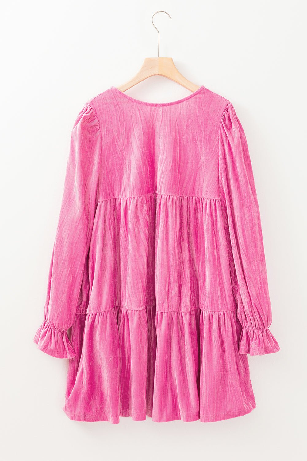 Strawberry Pink Flounce Sleeve Tiered Ruffled Velvet Mini Dress - MAD RUFFI