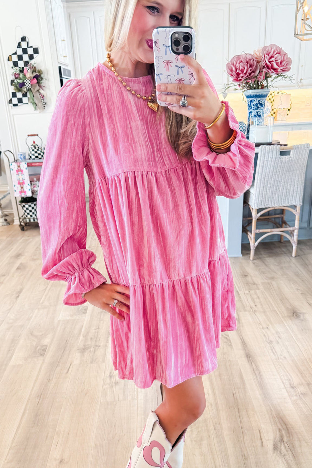 Strawberry Pink Flounce Sleeve Tiered Ruffled Velvet Mini Dress - MAD RUFFI