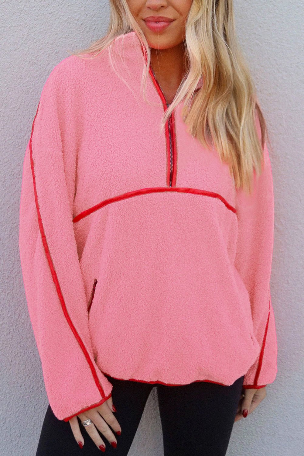 Strawberry Pink Long Sleeve Kangaroo Pocket Sweatshirt - MAD RUFFI