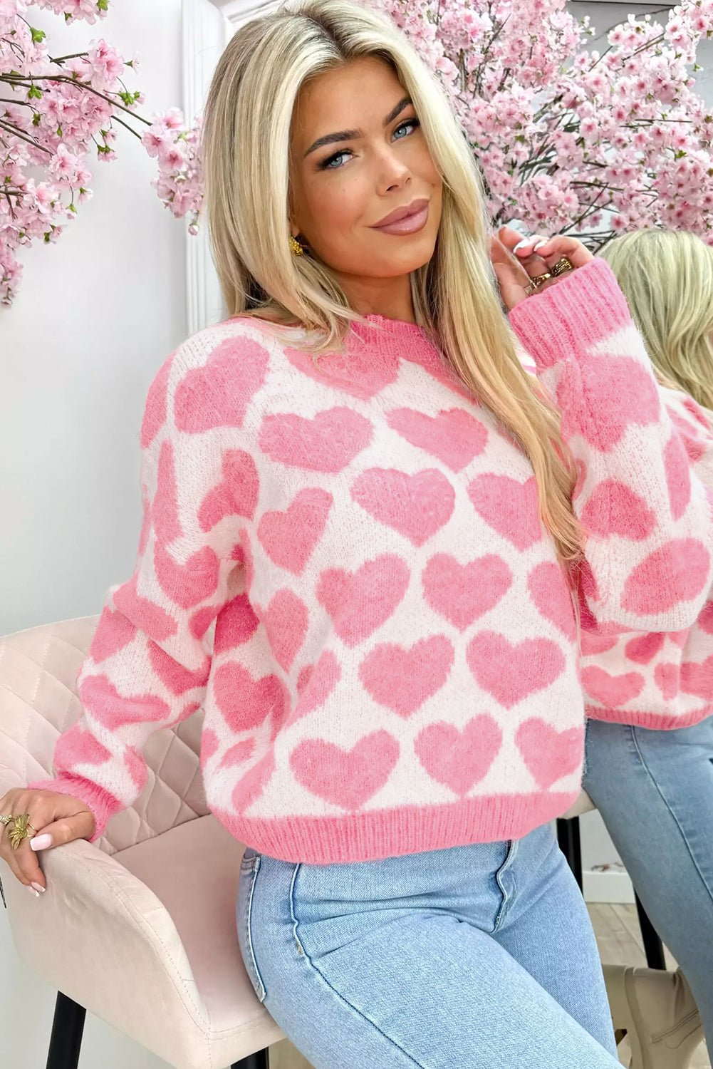 Strawberry Pink Love Heart Valentine Knit Sweater - MAD RUFFI