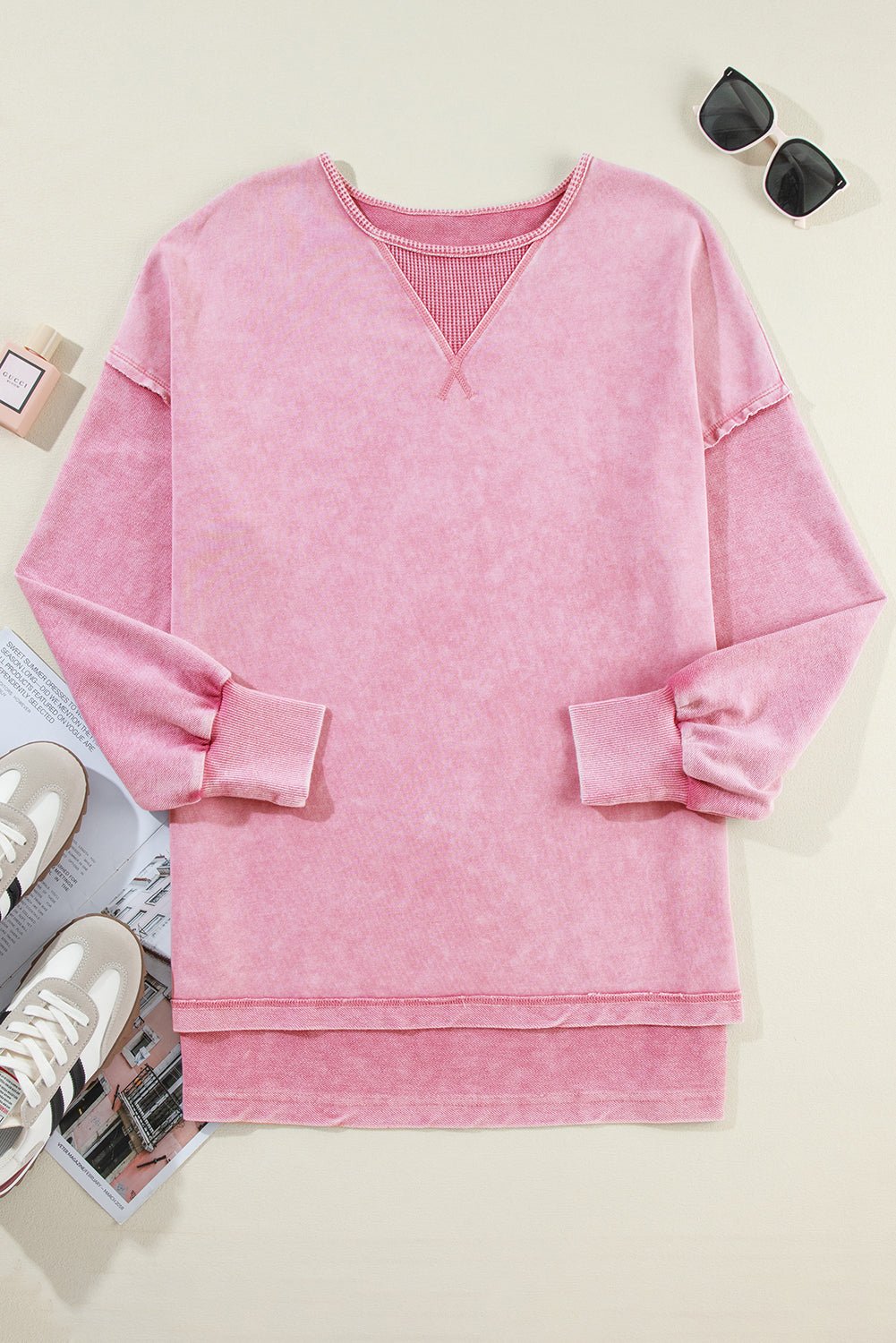 Strawberry Pink Mineral Wash Drop Shoulder Oversized Sweatshirt - MAD RUFFI