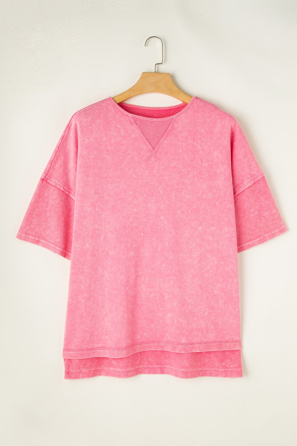 Strawberry Pink Mineral Wash Drop Sleeve Patchwork Plus Size Tee - MAD RUFFI