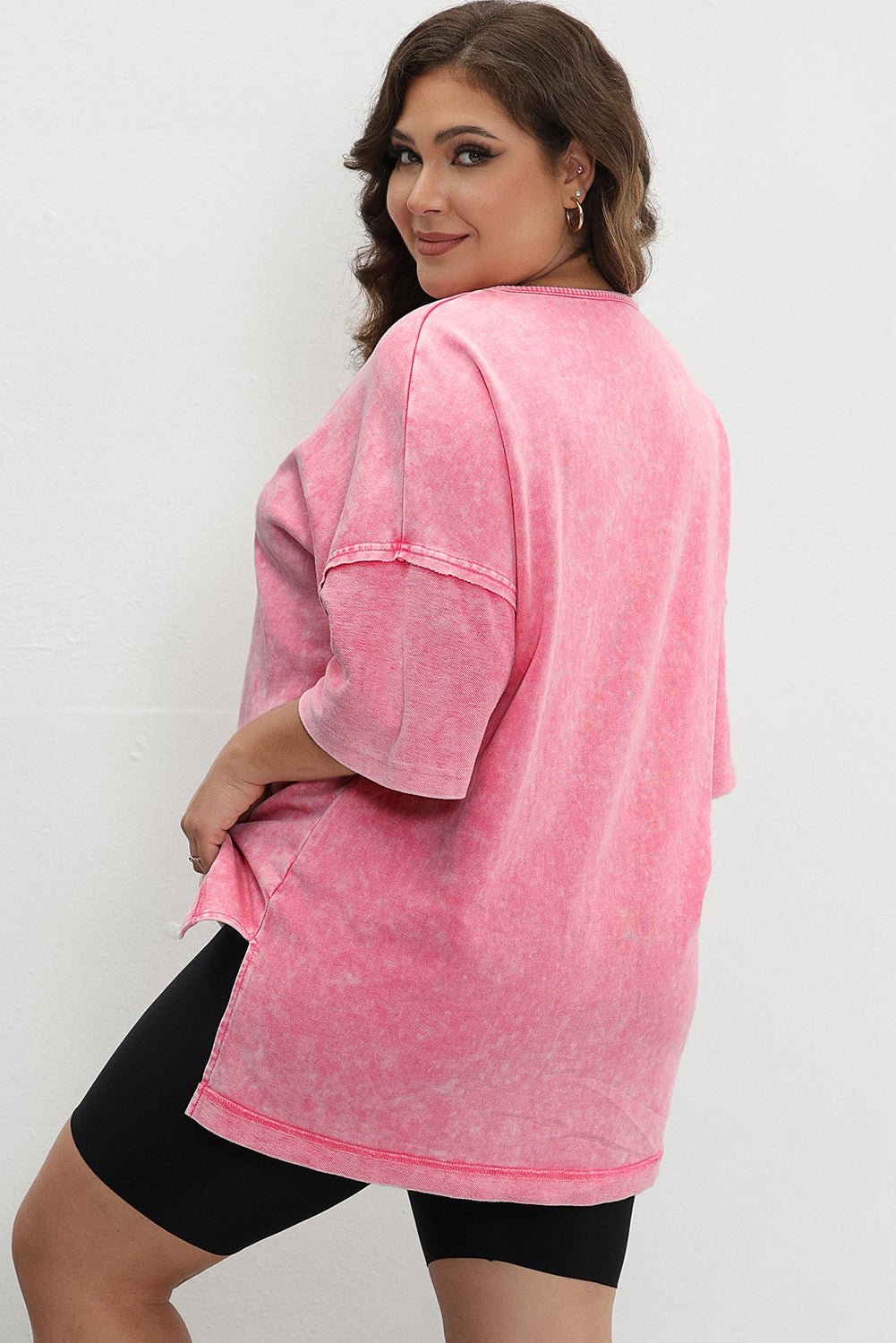Strawberry Pink Mineral Wash Drop Sleeve Patchwork Plus Size Tee - MAD RUFFI
