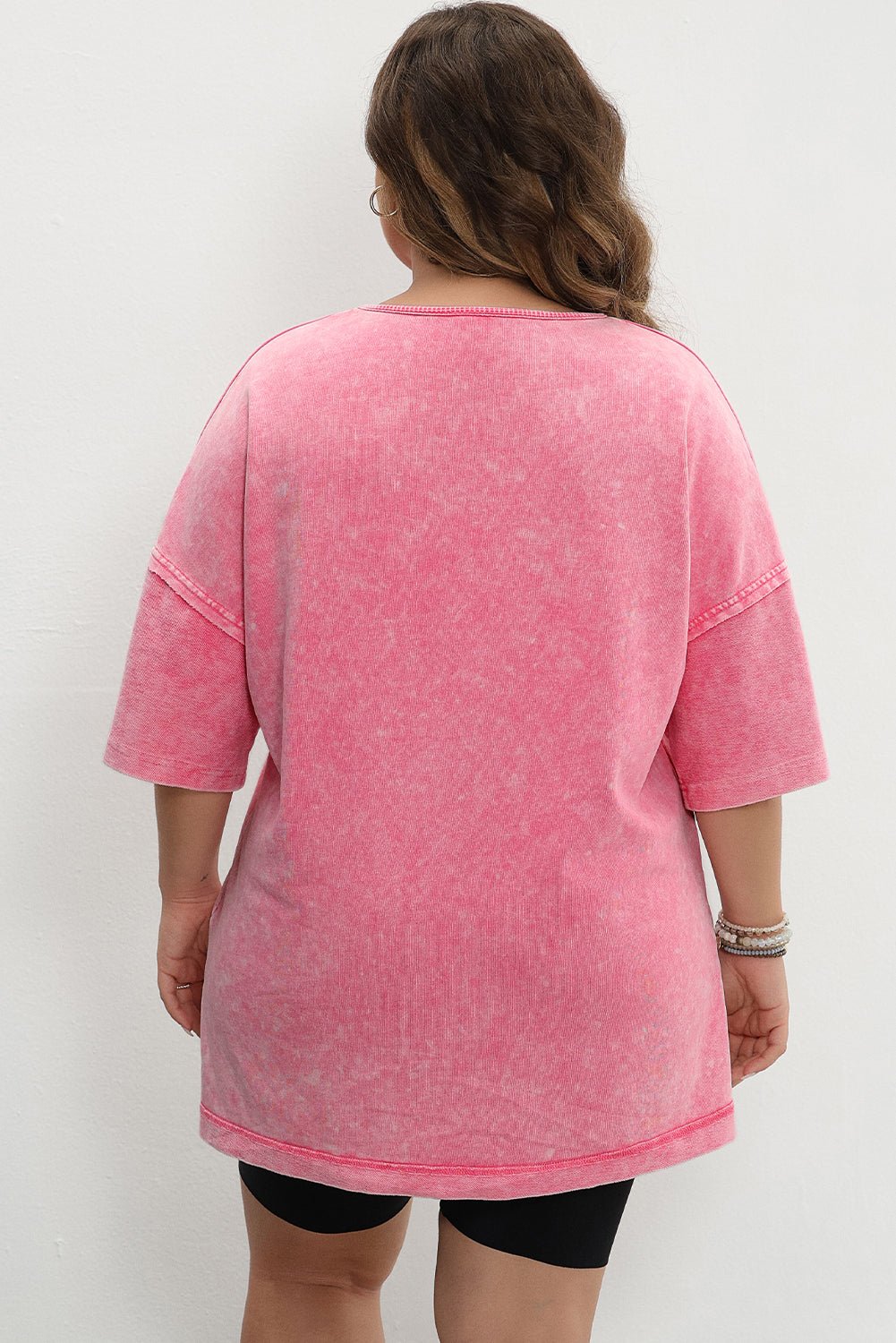 Strawberry Pink Mineral Wash Drop Sleeve Patchwork Plus Size Tee - MAD RUFFI