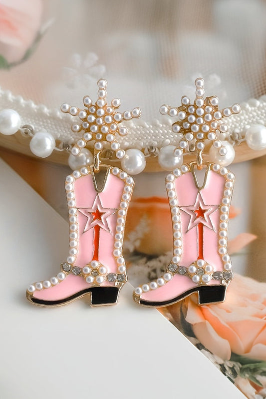 Strawberry Pink Pearl Decor Boots Shape Dangle Stud Earrings - MAD RUFFI