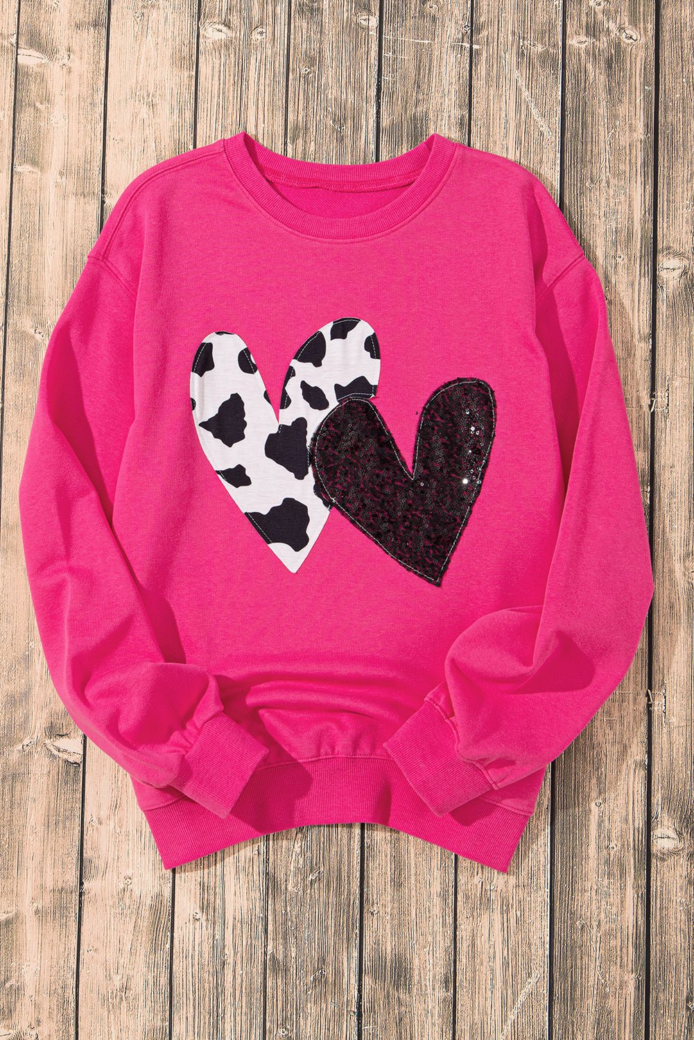 Strawberry Pink Sequins Heart Patch Graphic Sweatshirt - MAD RUFFI