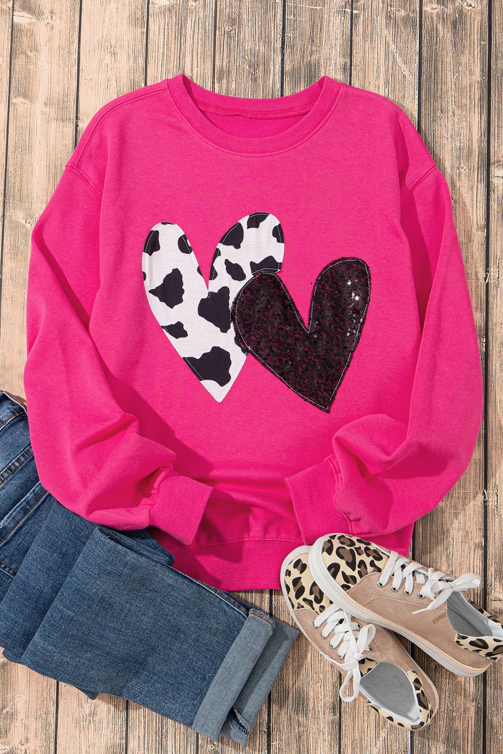 Strawberry Pink Sequins Heart Patch Graphic Sweatshirt - MAD RUFFI