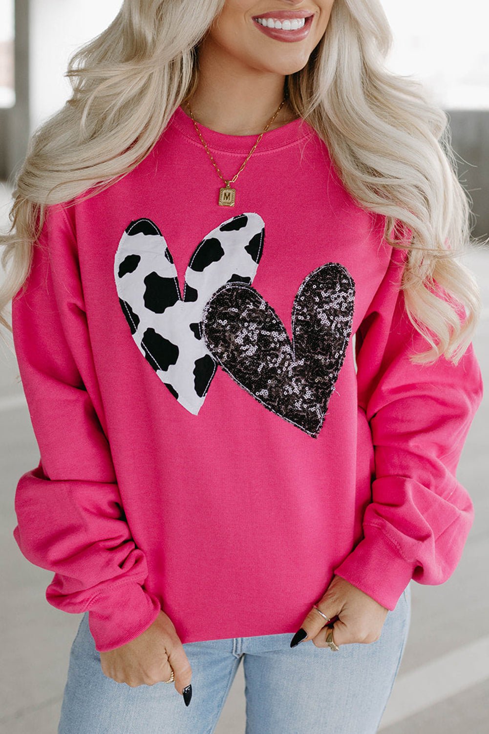 Strawberry Pink Sequins Heart Patch Graphic Sweatshirt - MAD RUFFI