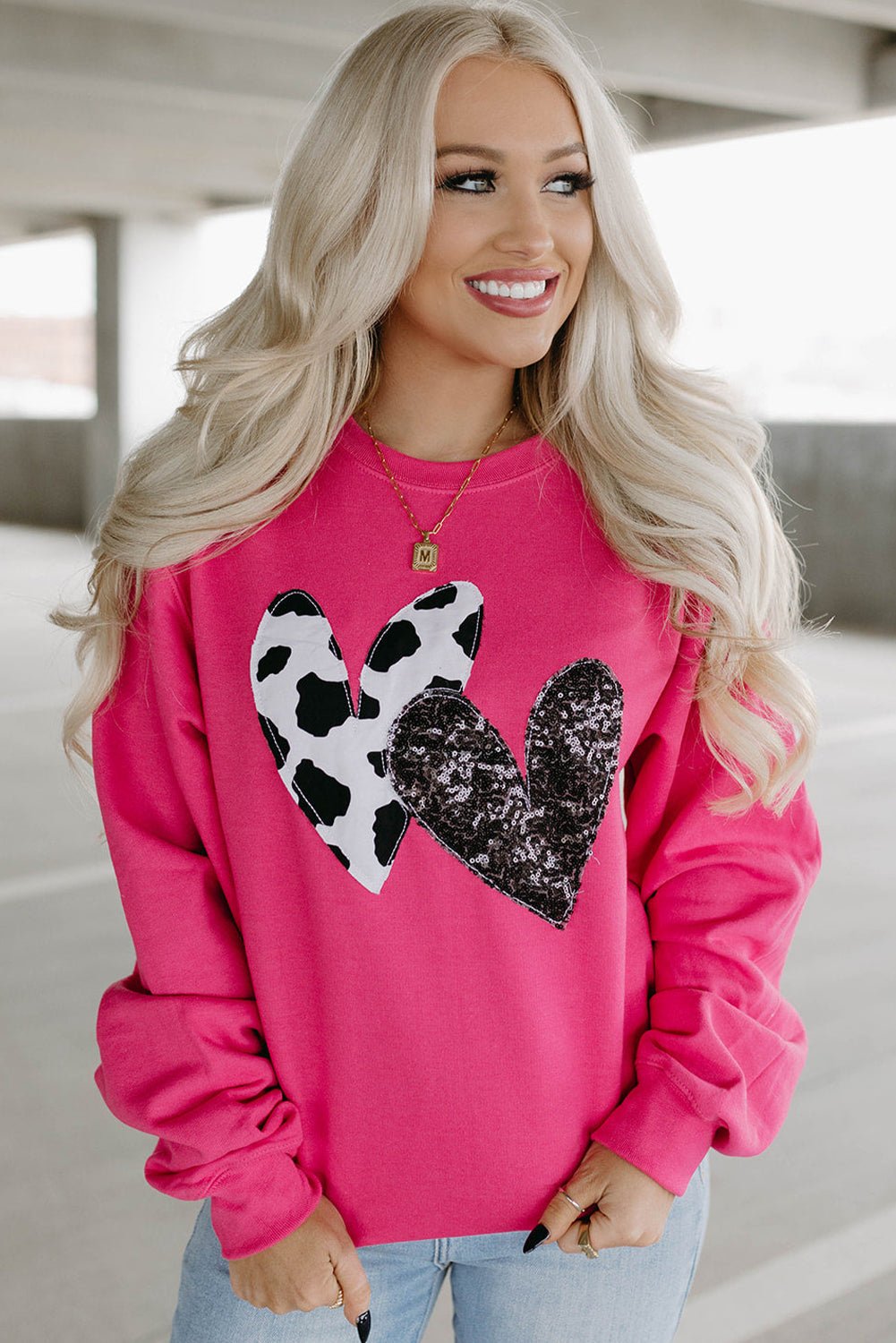 Strawberry Pink Sequins Heart Patch Graphic Sweatshirt - MAD RUFFI