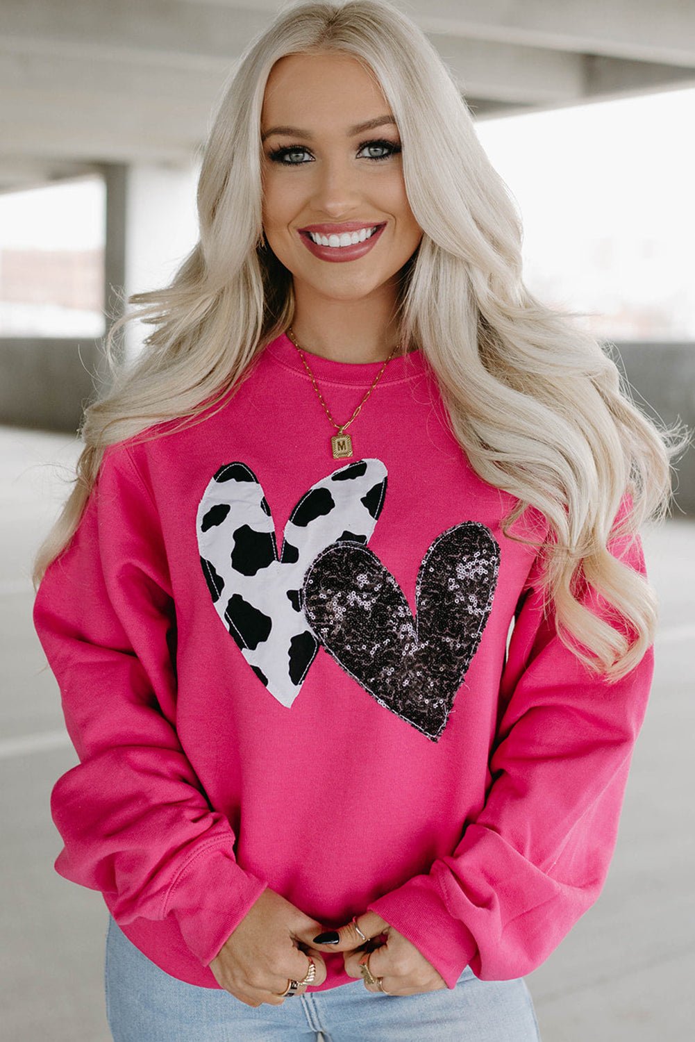 Strawberry Pink Sequins Heart Patch Graphic Sweatshirt - MAD RUFFI