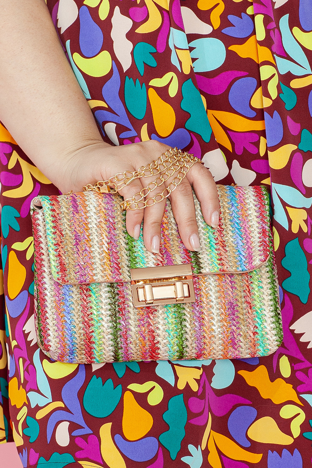 Strawberry Pink Striped Crochet Flapped Single Shoulder Bag - MAD RUFFI