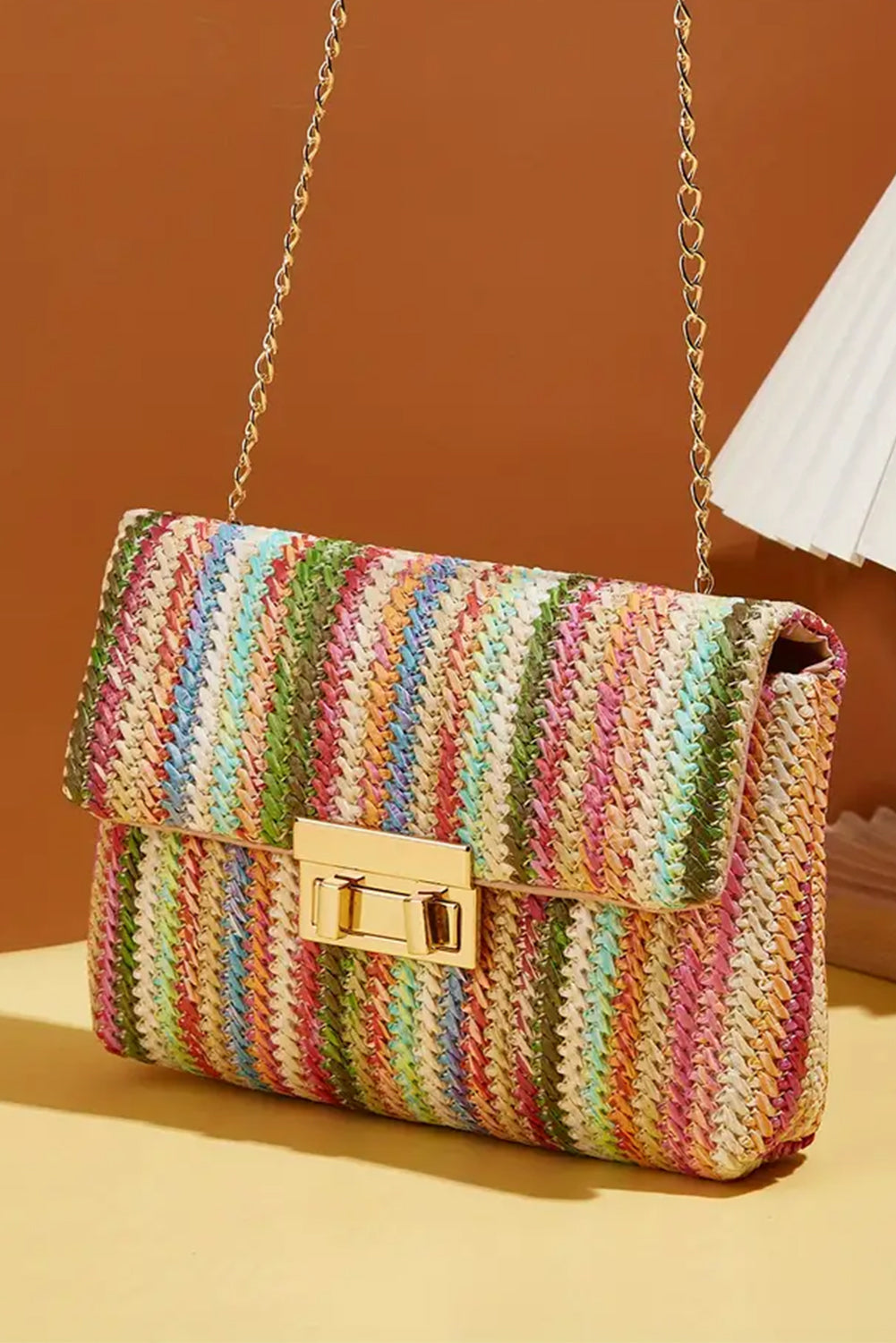 Strawberry Pink Striped Crochet Flapped Single Shoulder Bag - MAD RUFFI