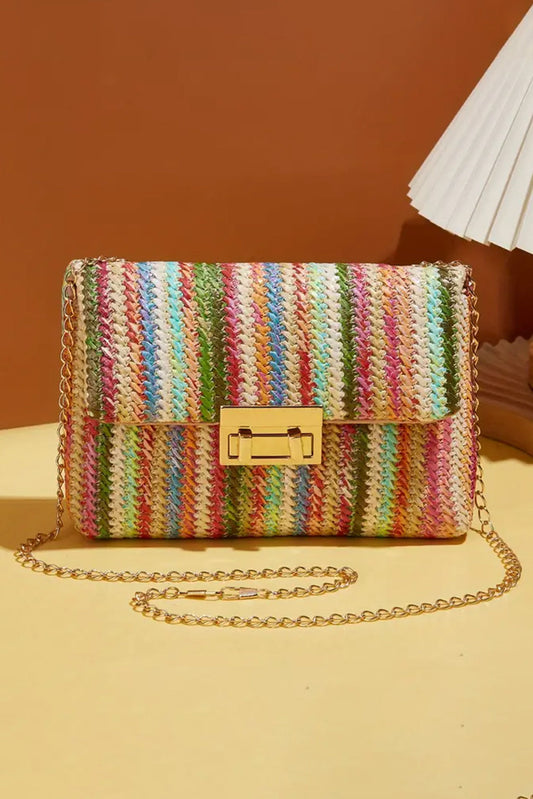 Strawberry Pink Striped Crochet Flapped Single Shoulder Bag - MAD RUFFI