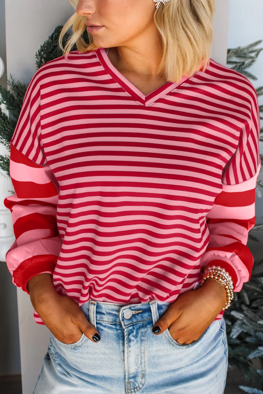Strawberry Pink Striped V Neck Drop Sleeve Top - MAD RUFFI