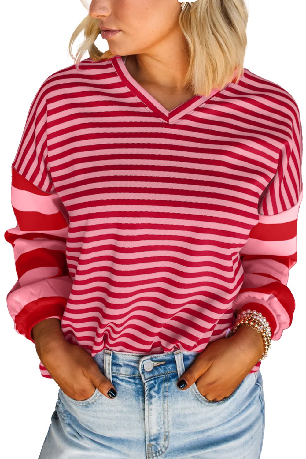Strawberry Pink Striped V Neck Drop Sleeve Top - MAD RUFFI