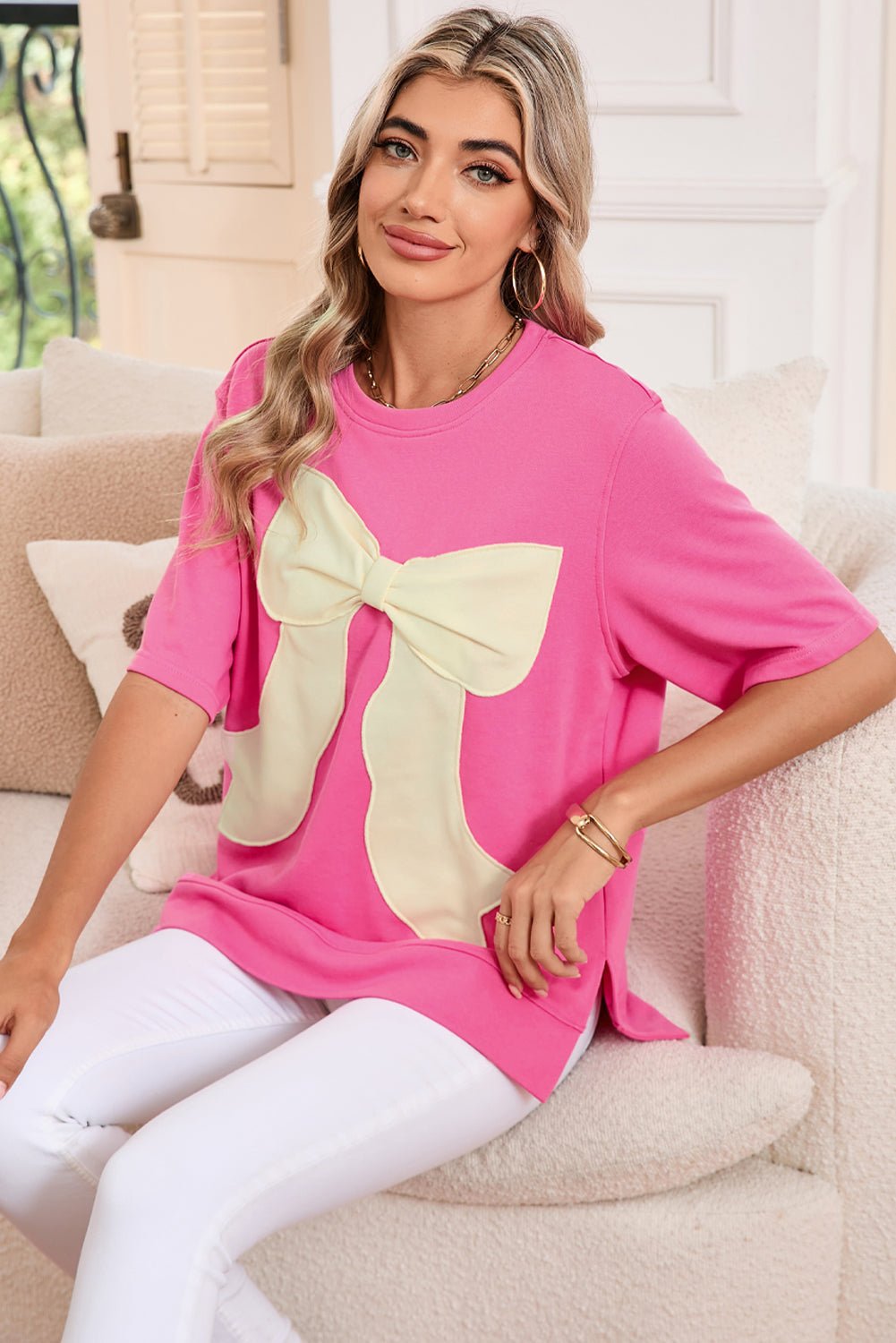 Strawberry Pink Sweet Bow Round Neck T-Shirt - MAD RUFFI