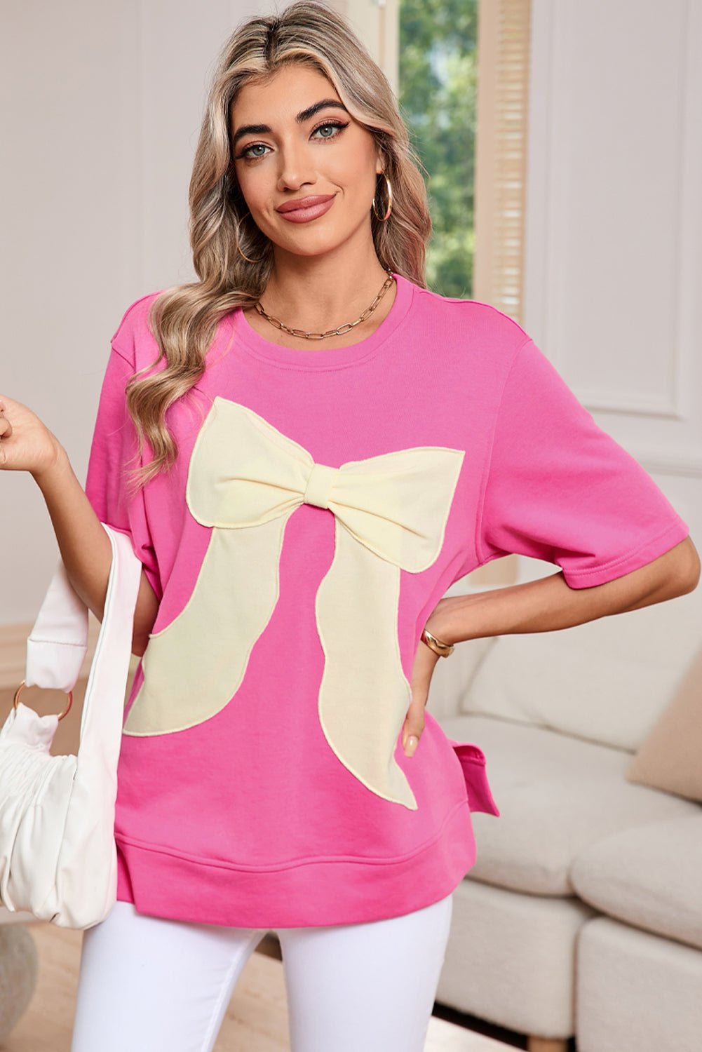 Strawberry Pink Sweet Bow Round Neck T-Shirt - MAD RUFFI