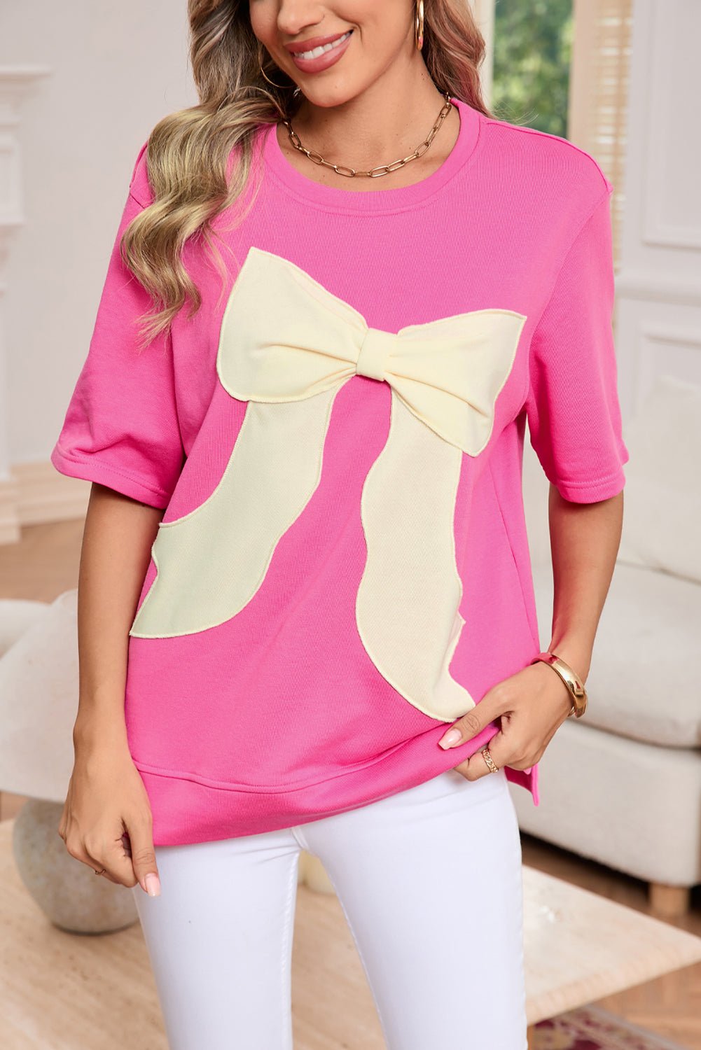 Strawberry Pink Sweet Bow Round Neck T-Shirt - MAD RUFFI