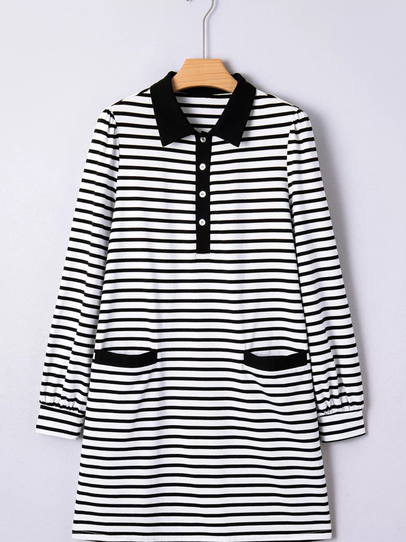 Stripe Buttoned Front Collared Long Sleeve T Shirt Dress with Pockets - MAD RUFFI