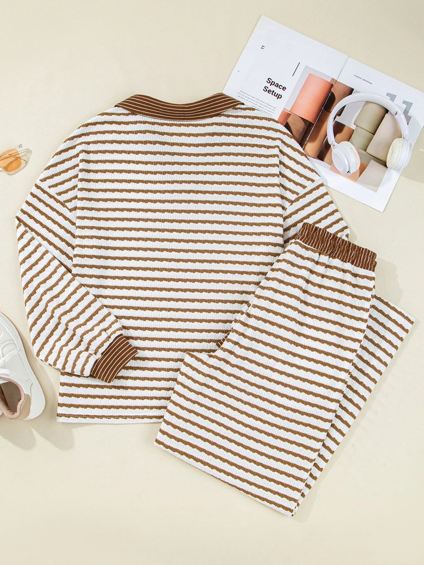 Stripe Collared Top and Drawstring Pant Set - MAD RUFFI