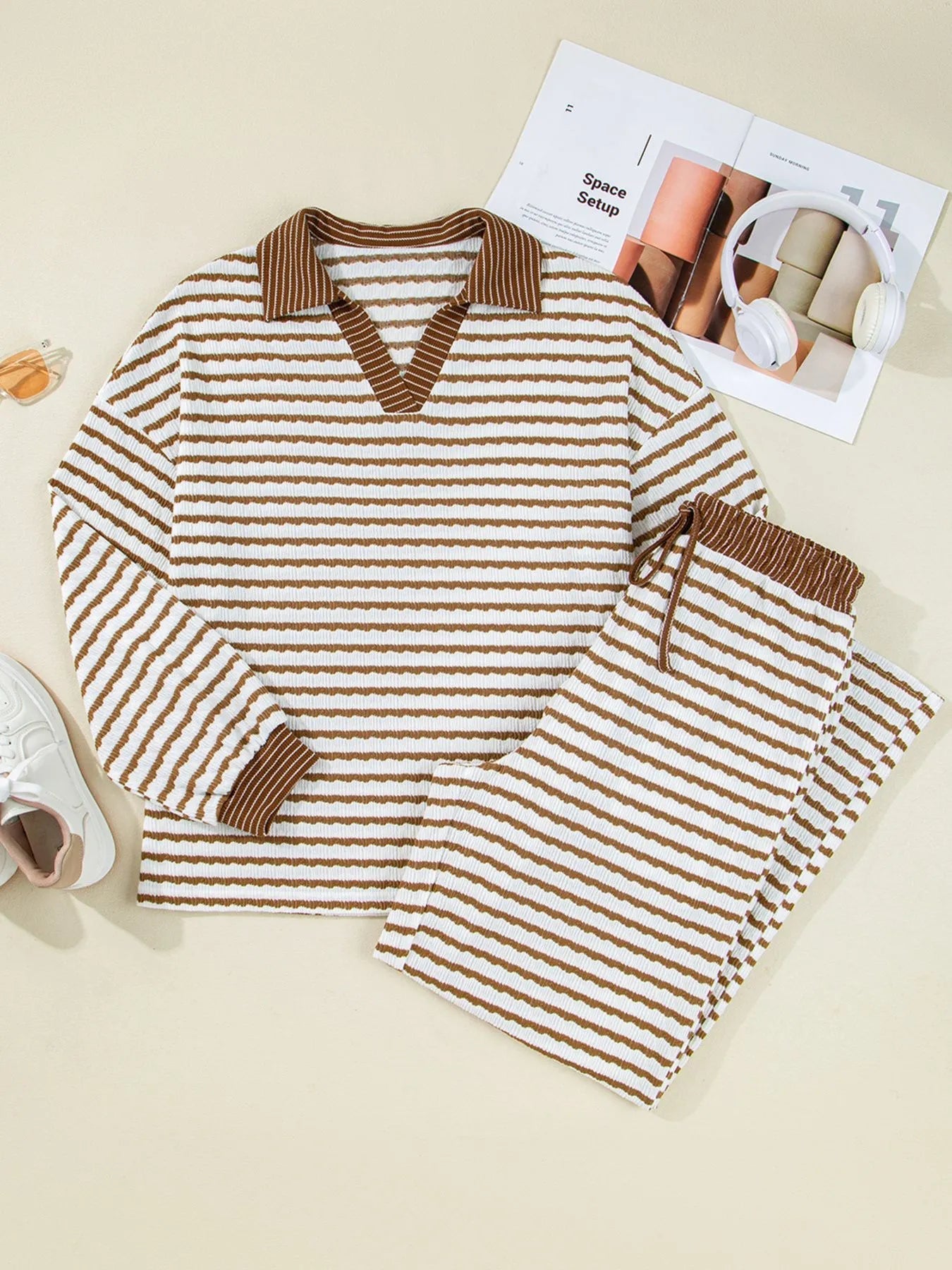 Stripe Collared Top and Drawstring Pant Set - MAD RUFFI