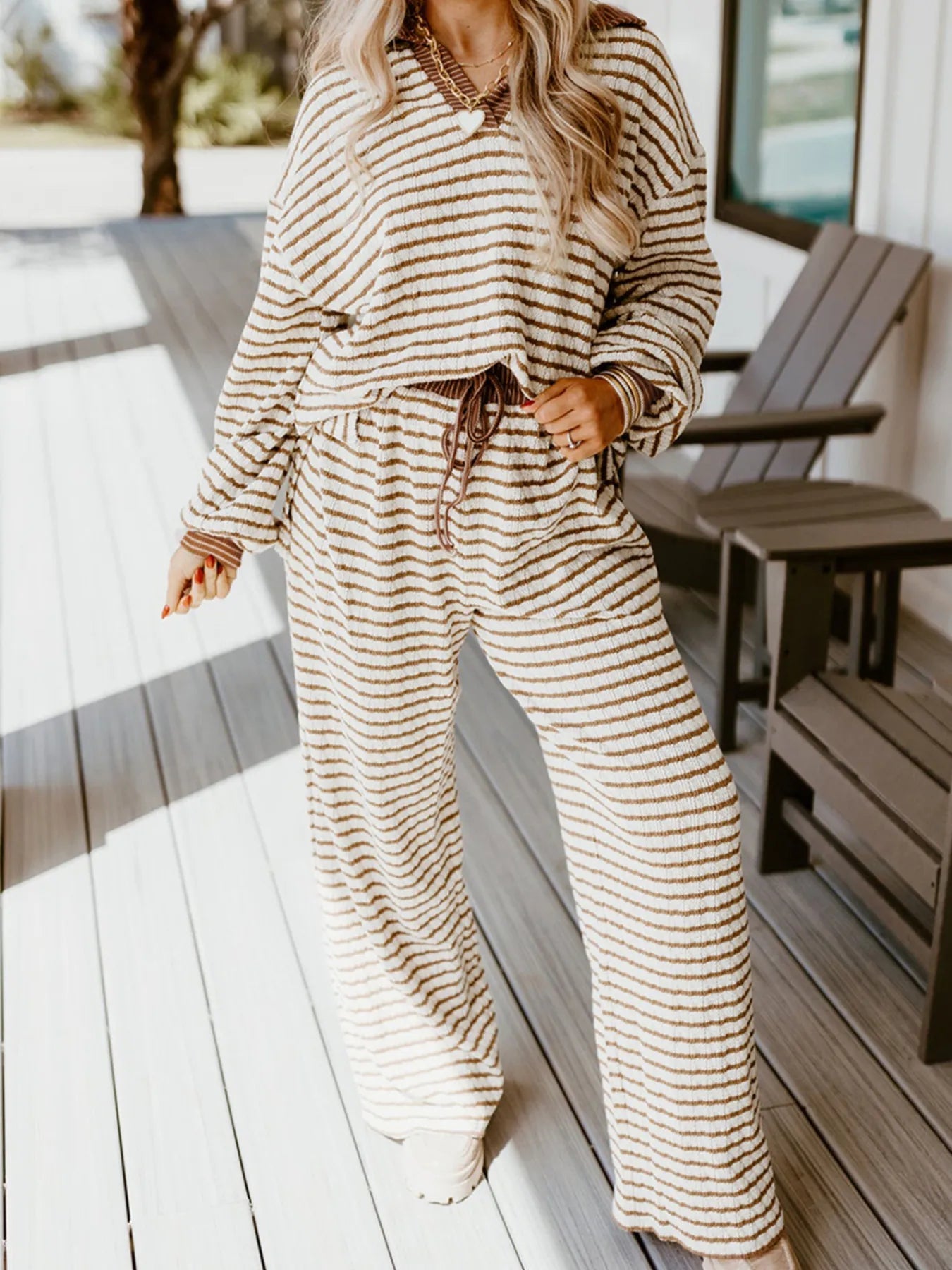 Stripe Collared Top and Drawstring Pant Set - MAD RUFFI