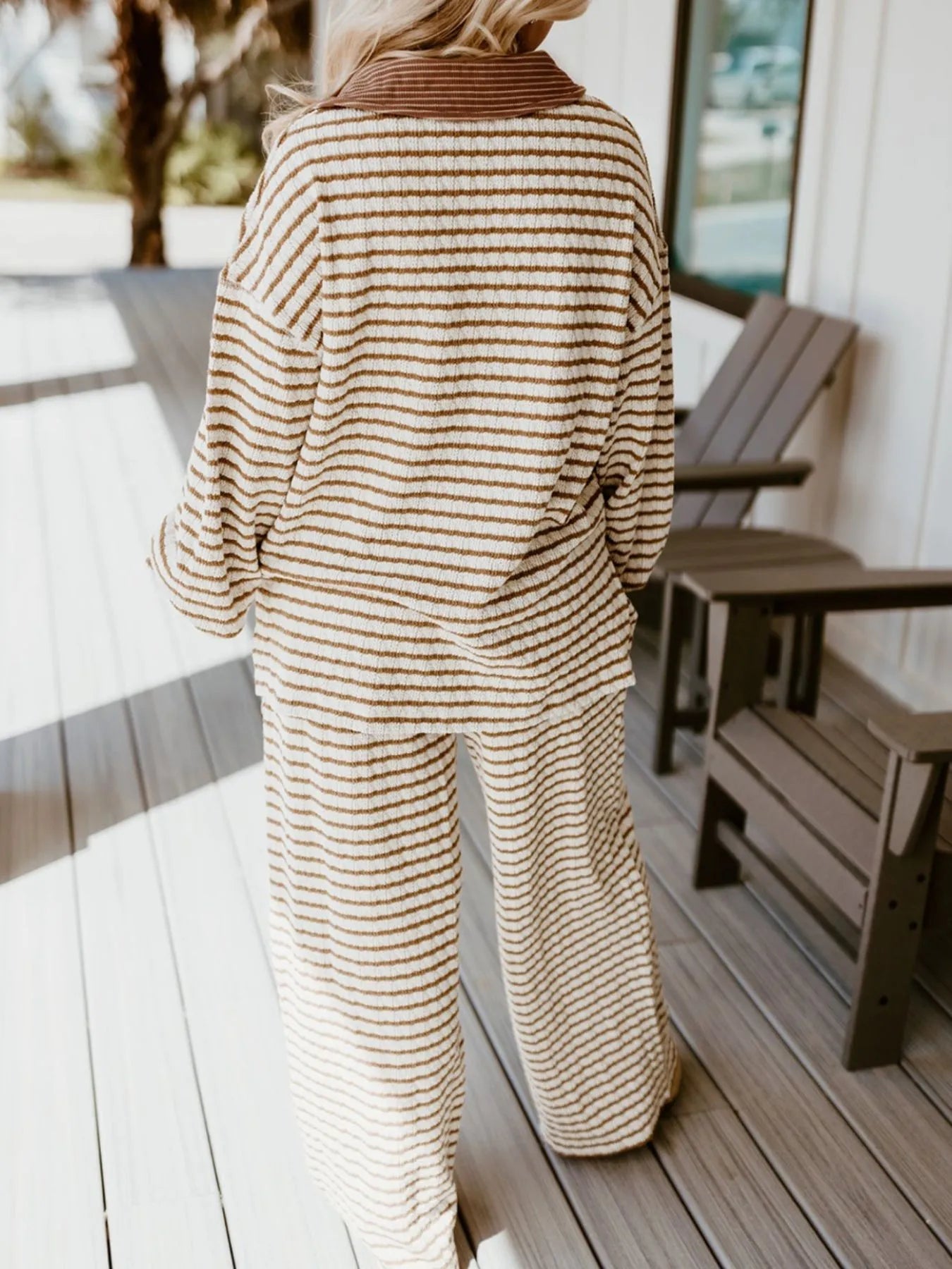 Stripe Collared Top and Drawstring Pant Set - MAD RUFFI