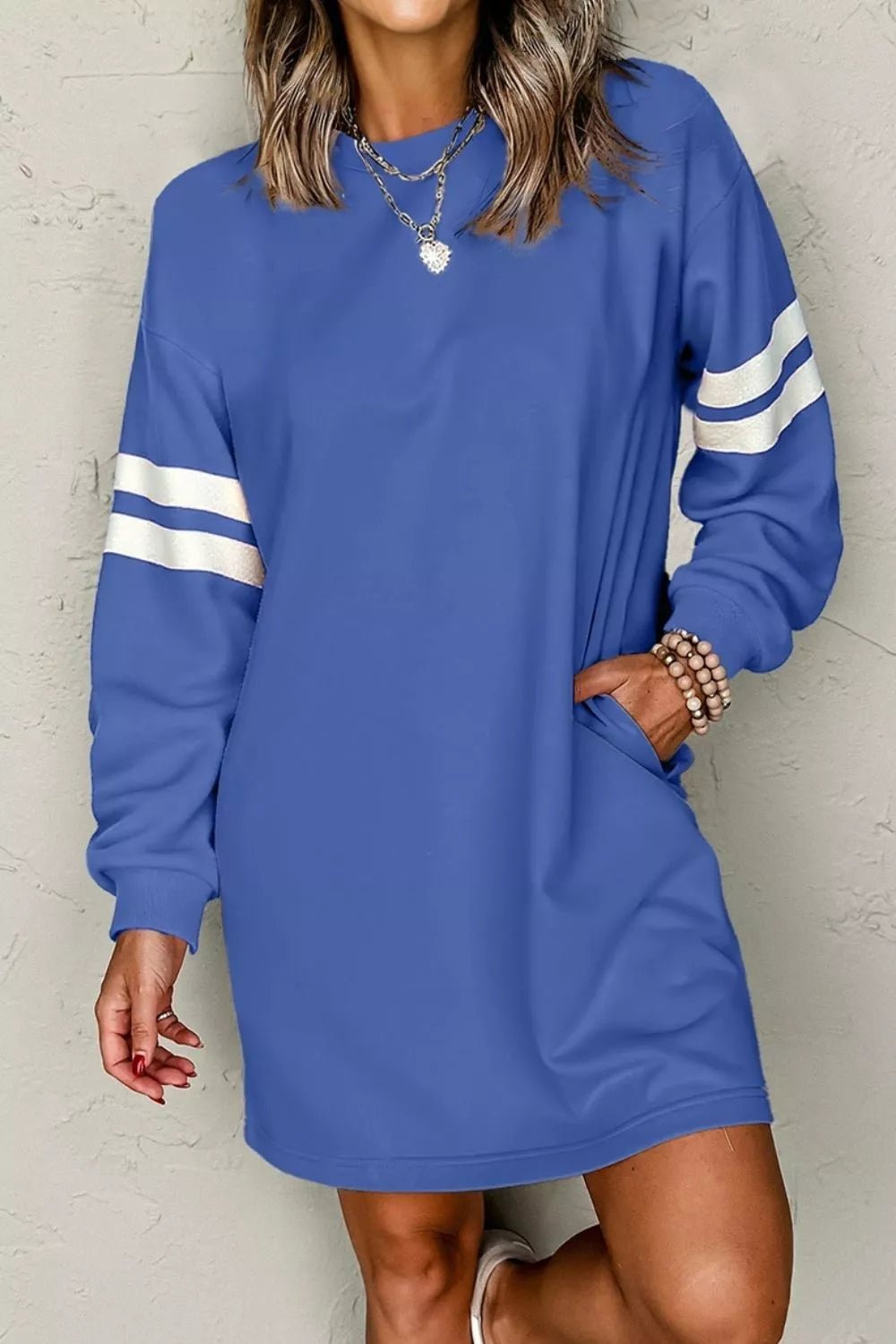 Stripe Long Sleeve Casual Sweatshirt Dress - MAD RUFFI