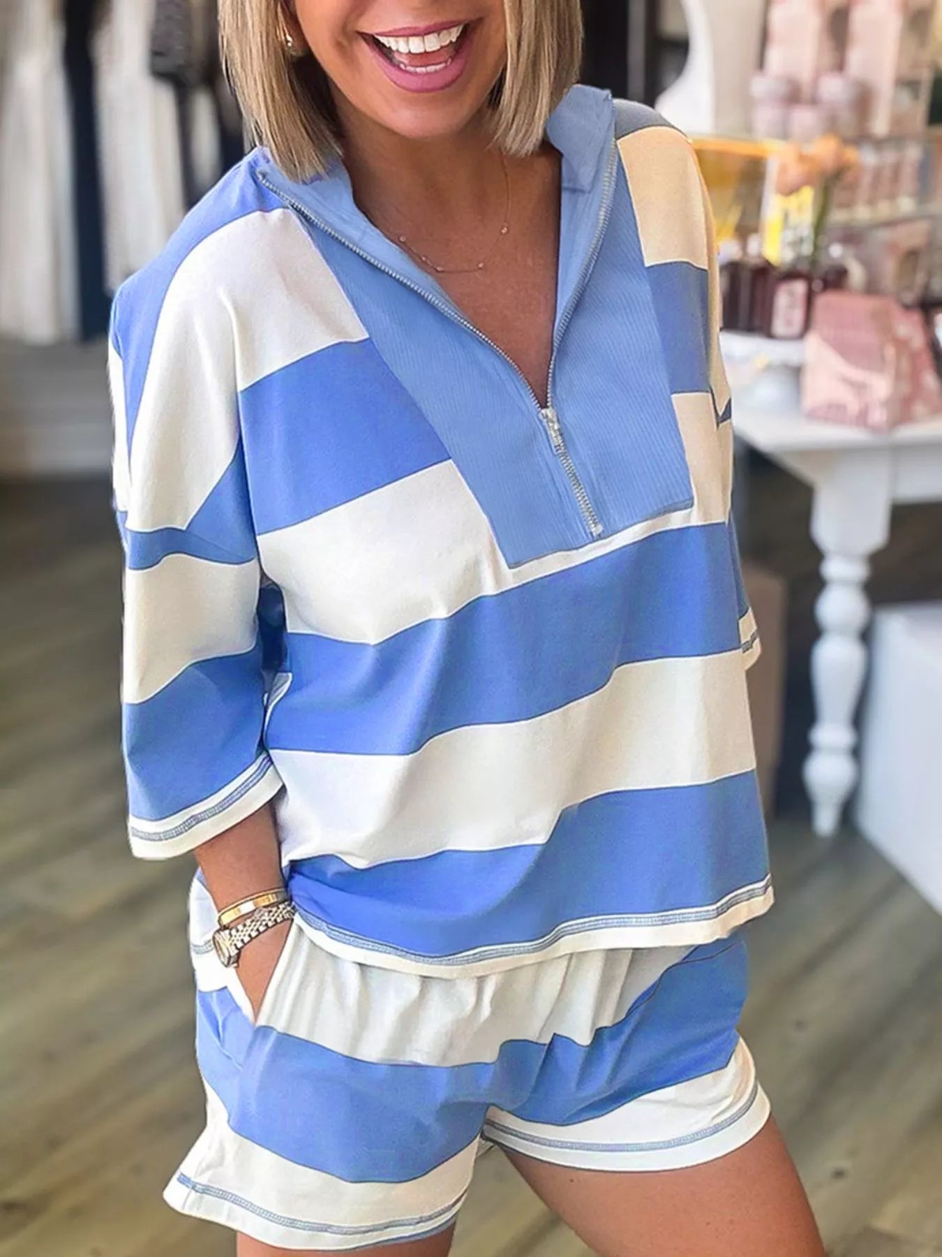 Stripe Seam Detail Half Zip Oversize Tee Casual Shorts 2pcs Set - MAD RUFFI