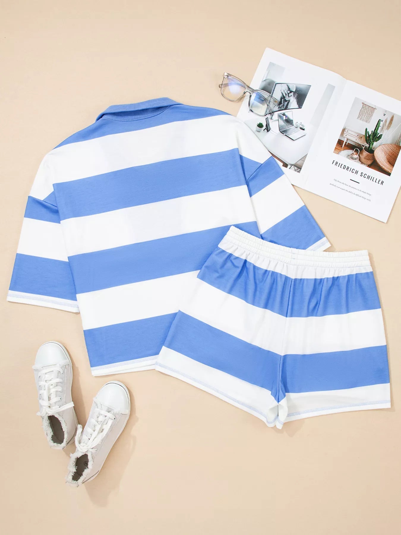 Stripe Seam Detail Half Zip Oversize Tee Casual Shorts 2pcs Set - MAD RUFFI