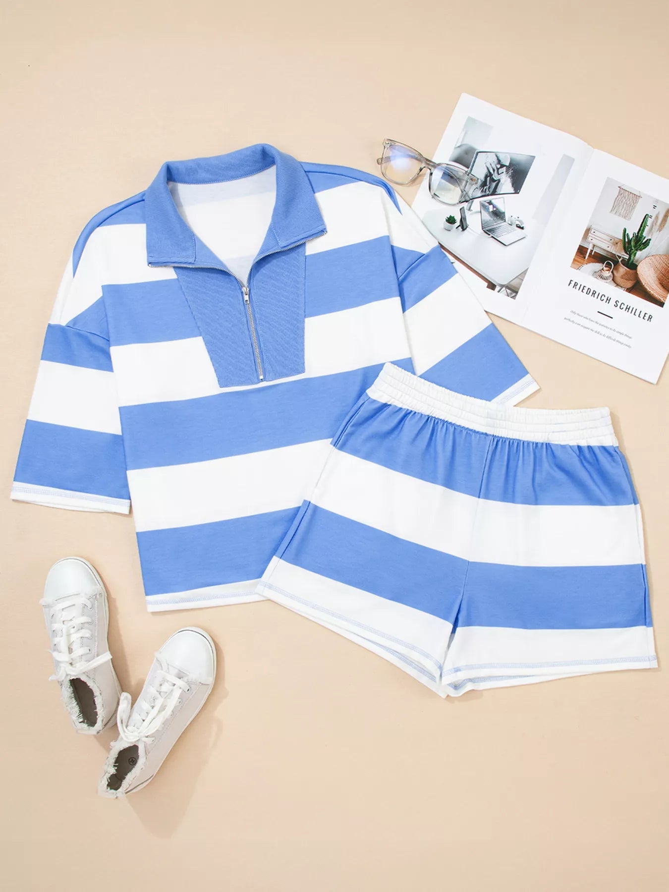 Stripe Seam Detail Half Zip Oversize Tee Casual Shorts 2pcs Set - MAD RUFFI