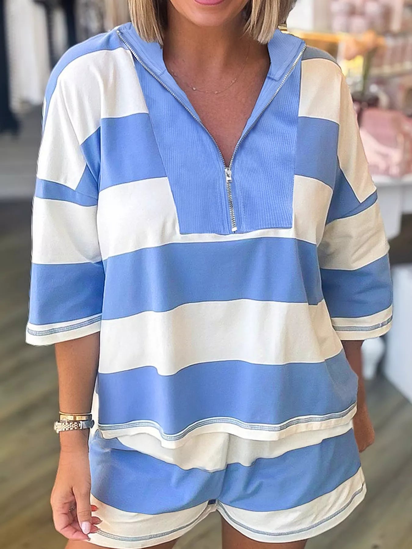 Stripe Seam Detail Half Zip Oversize Tee Casual Shorts 2pcs Set - MAD RUFFI