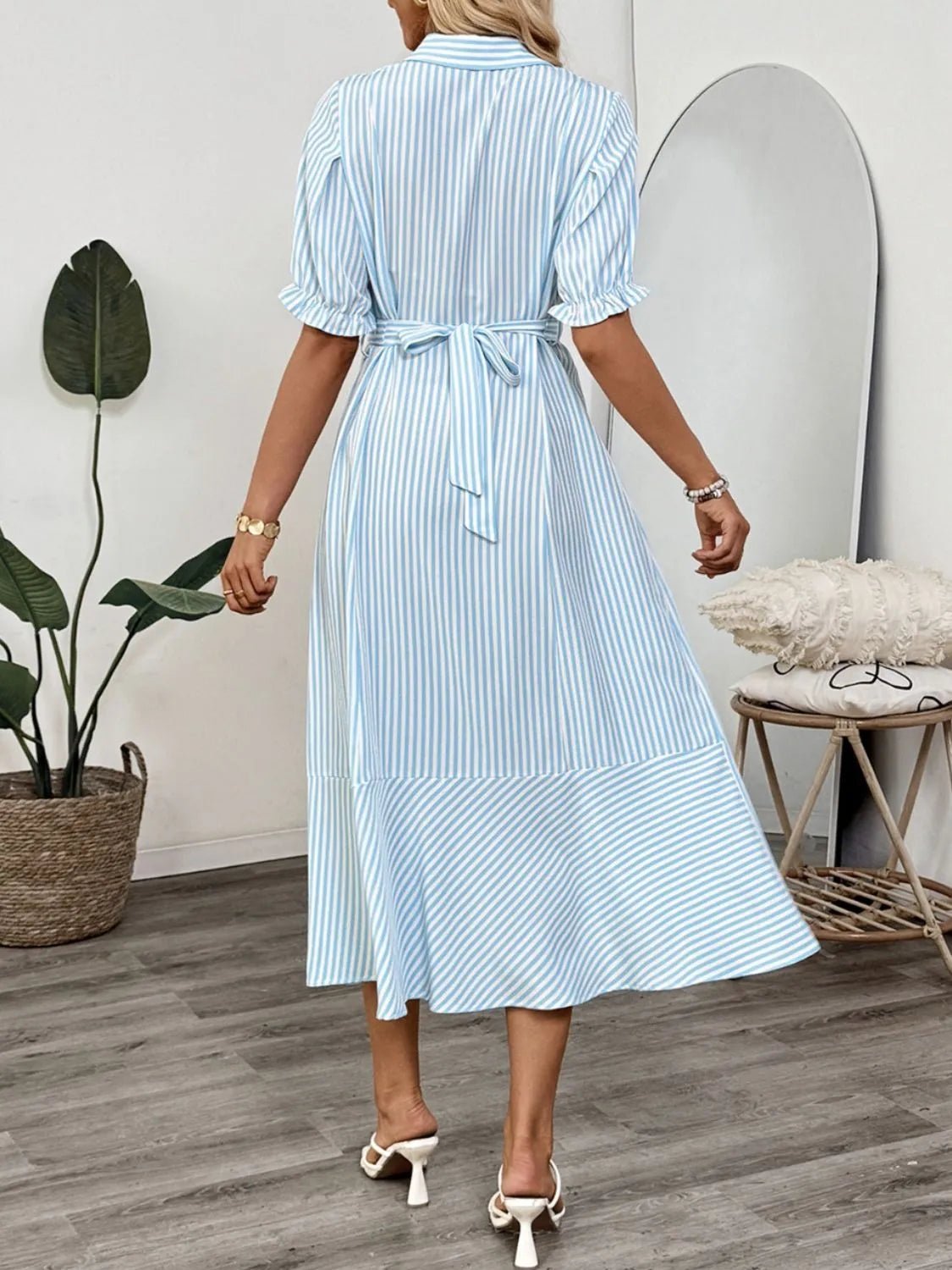 Striped Button - Down Midi Shirt Dress with Ruffle Sleeves - MAD RUFFI